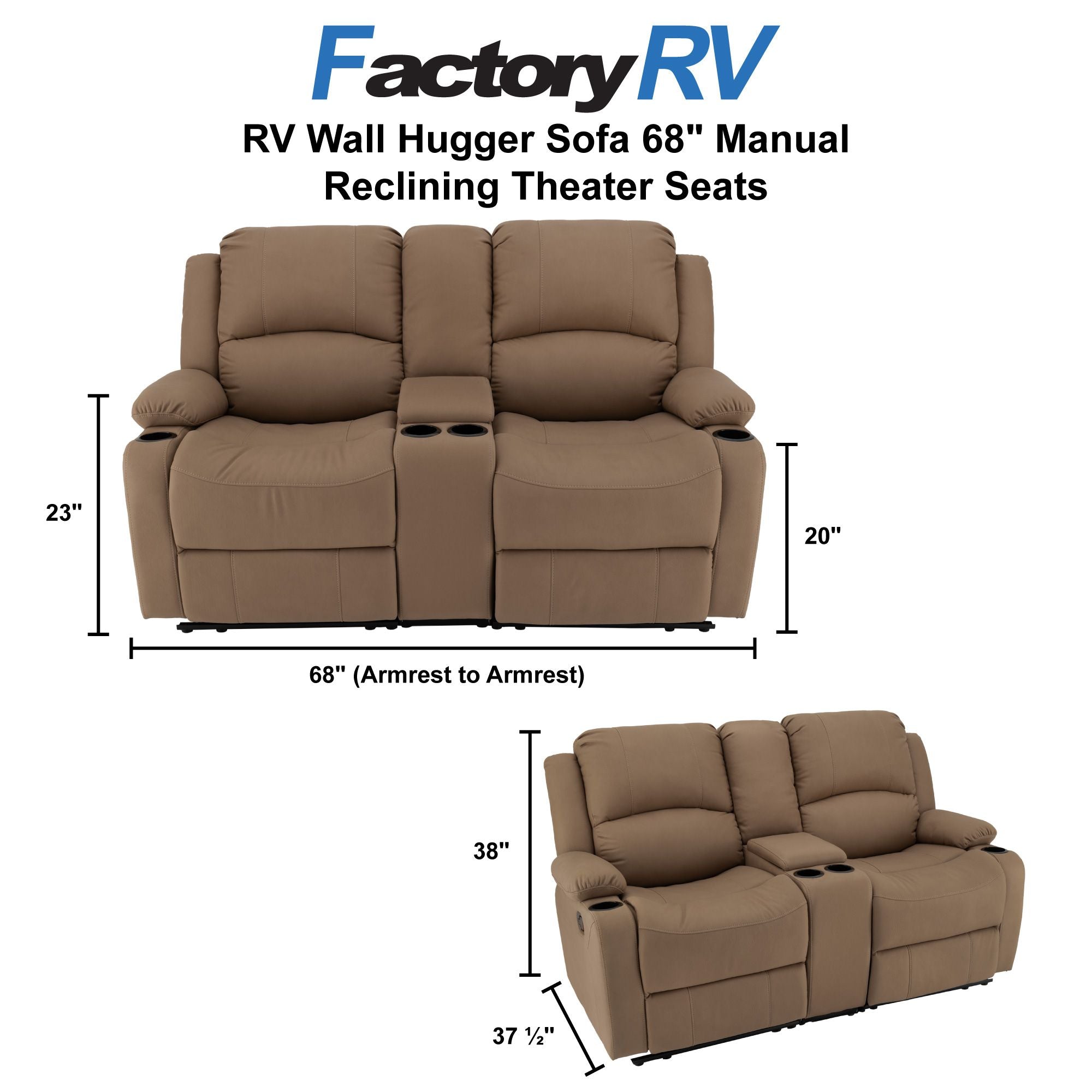 RV Wall Hugger Sofa 68" Manual Reclining Theater Seats
