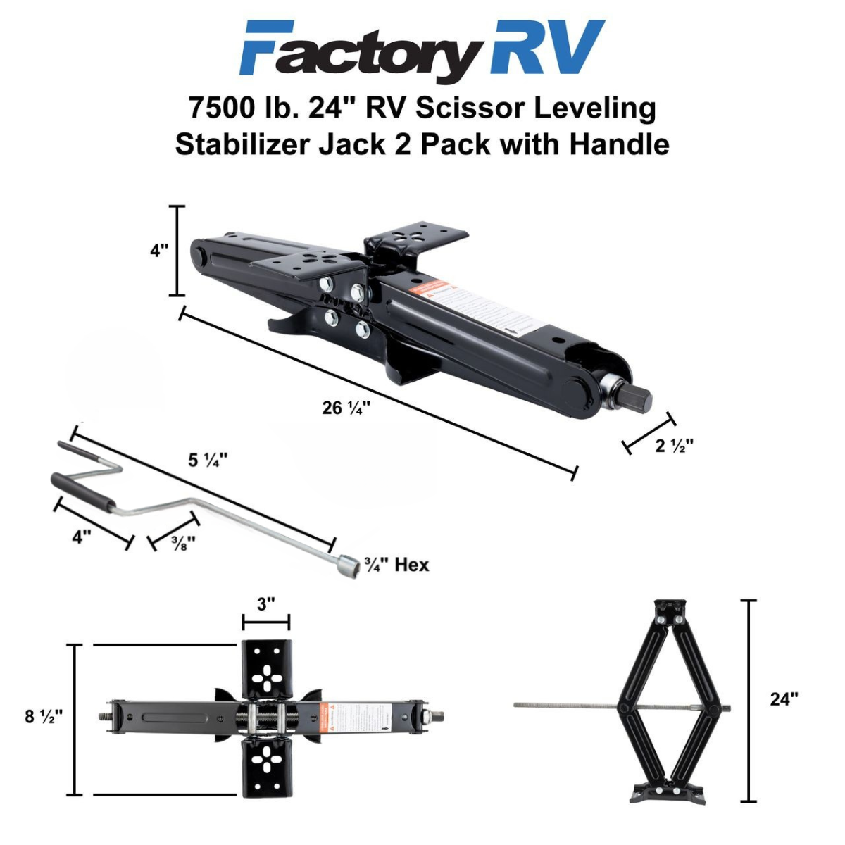 RV Leveling Jacks | 7500 lb. | 24" | Scissor Jacks and Stabilizing | With Handle