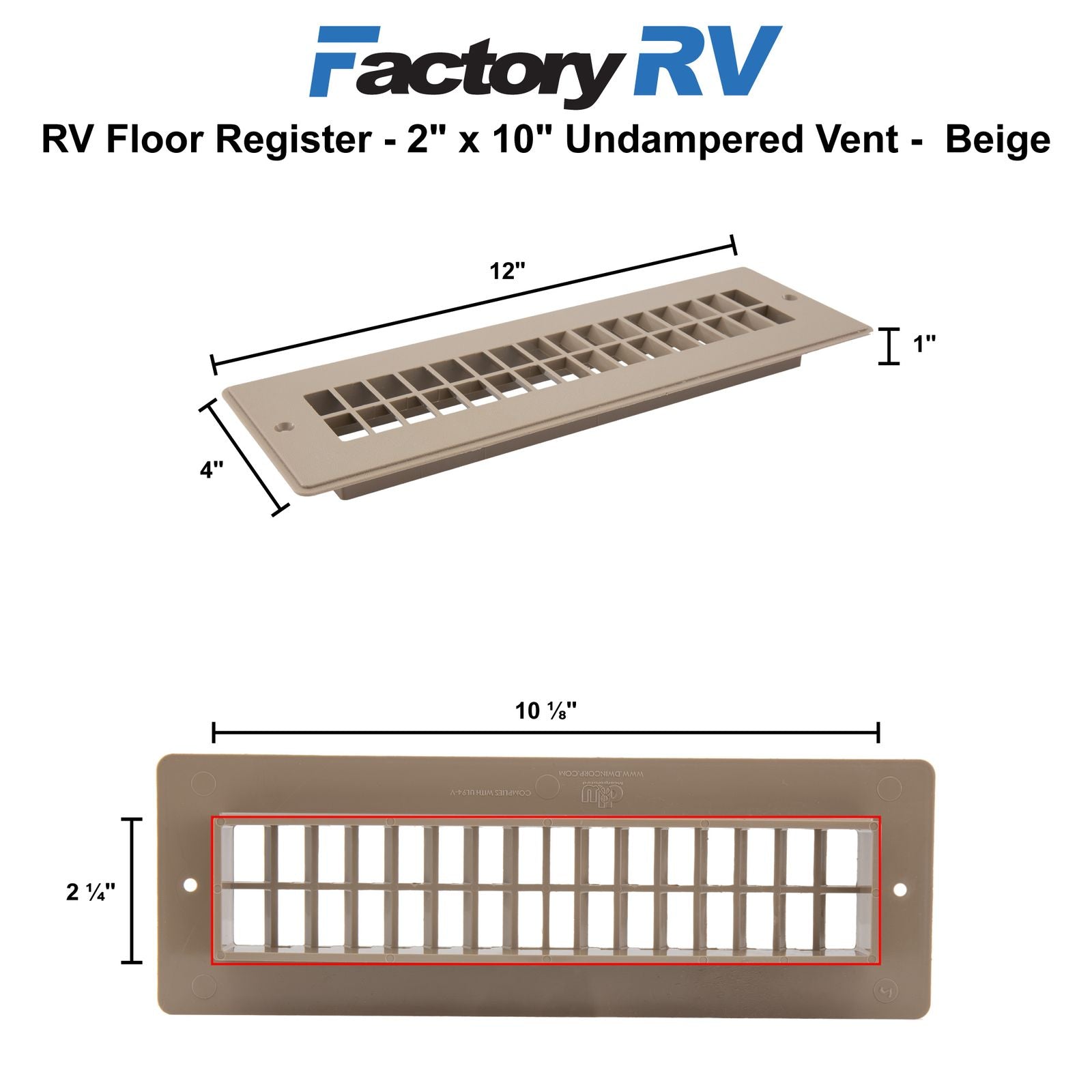 RV Floor Register | Undampered Vent | 2" x 10"