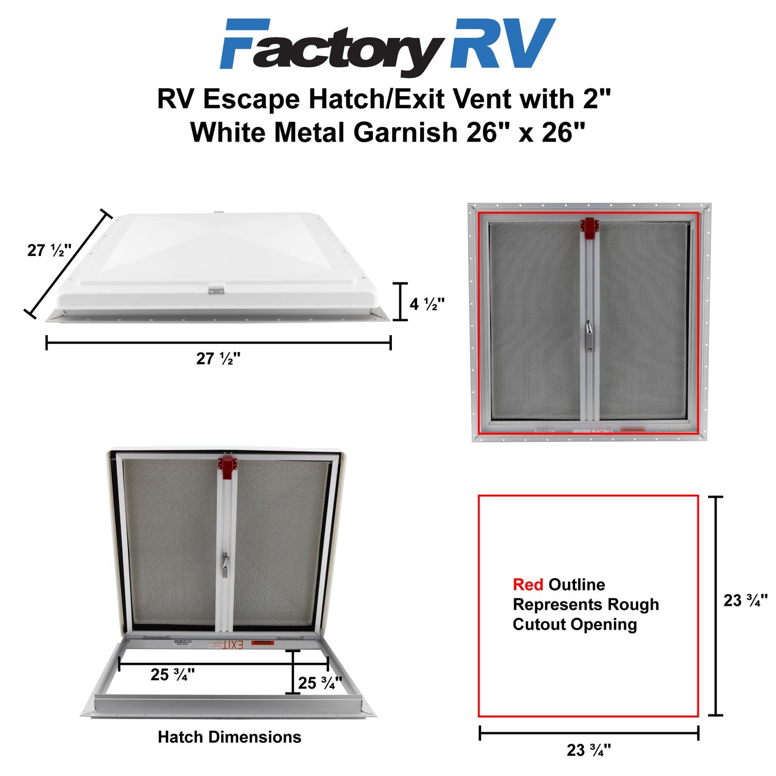 Heng's RV Escape Hatch & Exit Vent | 2" White Metal Garnish | 26" X 26"
