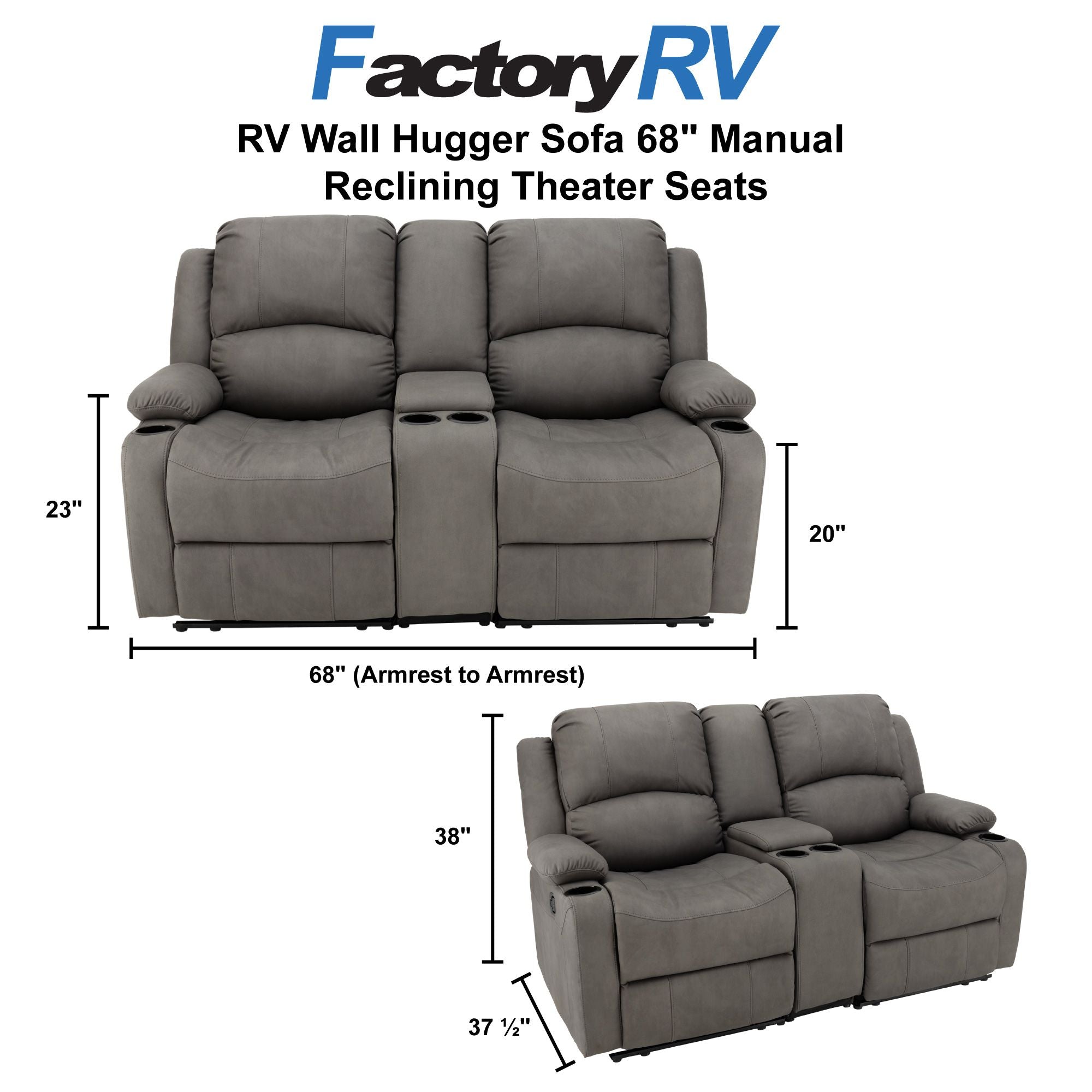 RV Wall Hugger Sofa 68" Manual Reclining Theater Seats