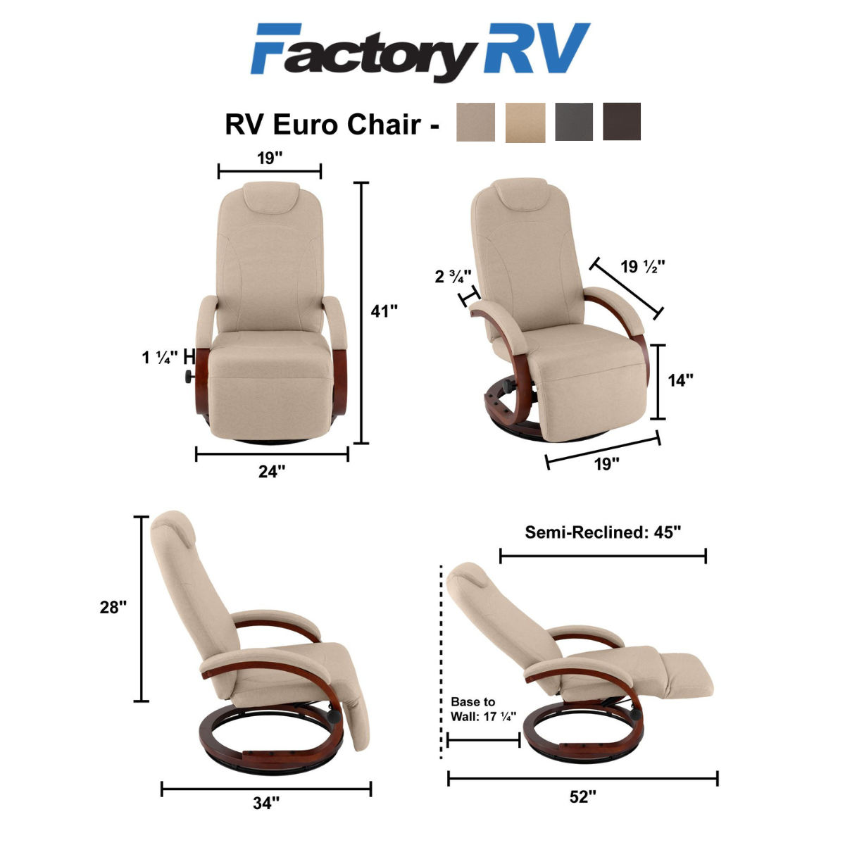 RV Euro Recliner Swivel Chair | 4 Color Options