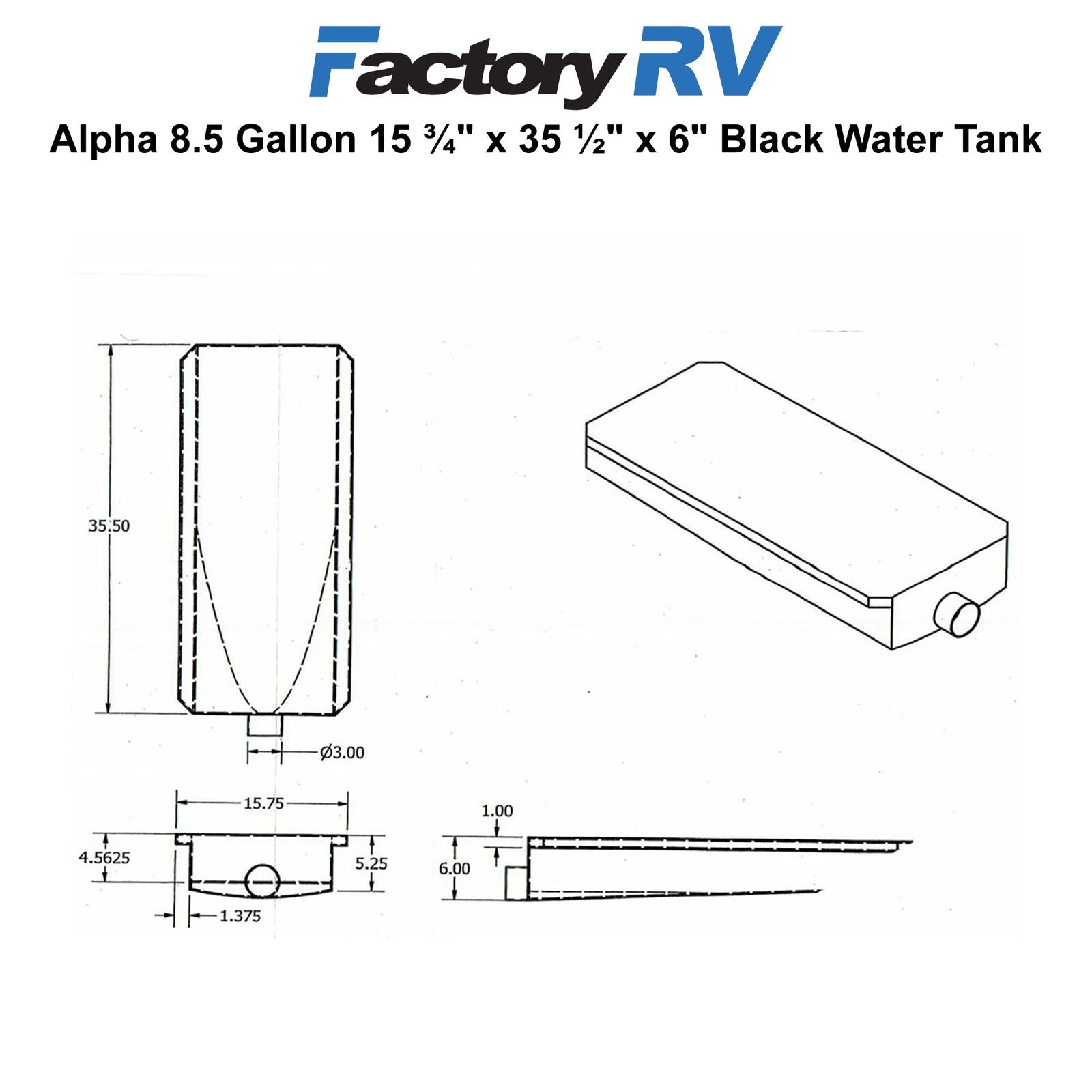 RV Black Water Tank 8 ½ Gallon | 15 ¾" x 35 ½" x 6" | Alpha VR16366H