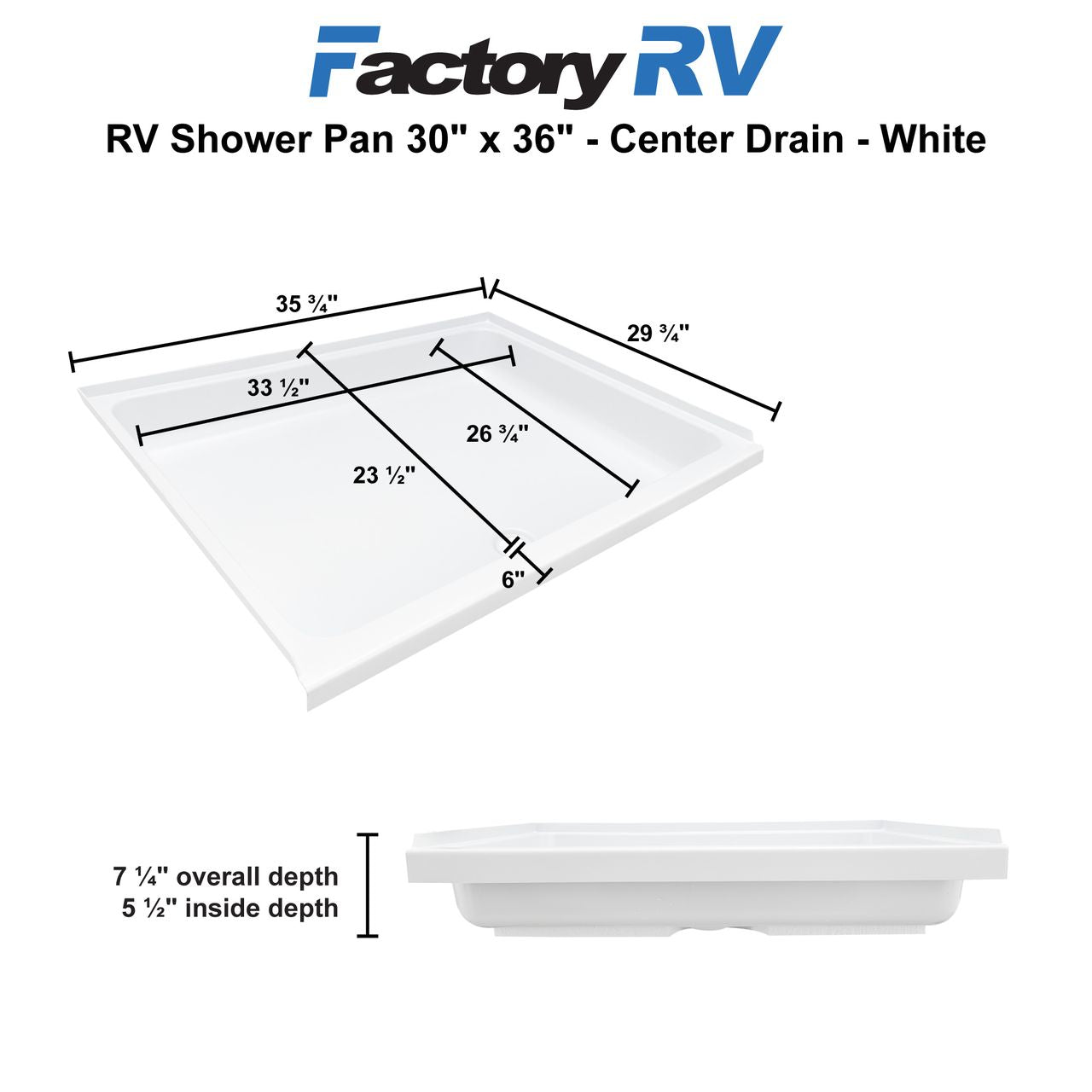 RV Shower Pan 30" x 36" Center Drain | White