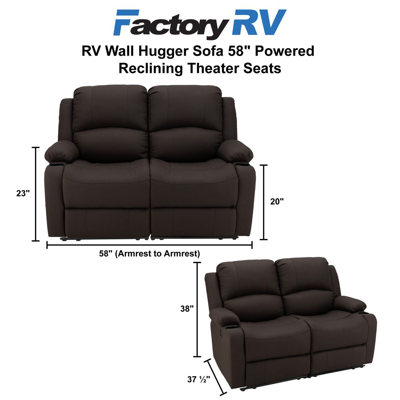 RV Wall Hugger Sofa 58" Powered Reclining Theater Seats