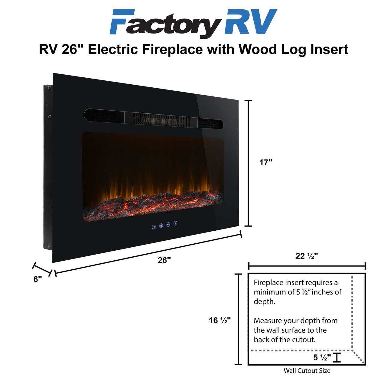 RV 26" Electric Fireplace with Wood Log Insert