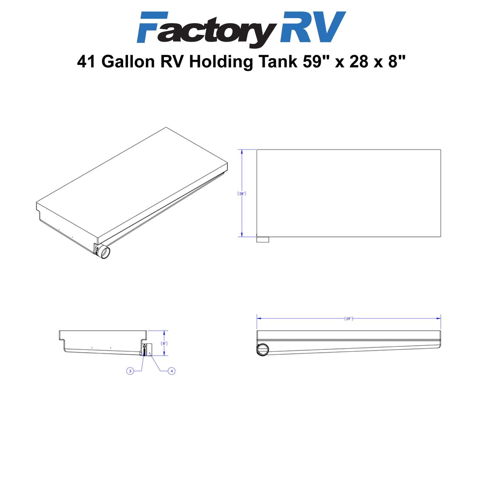 RV Black Water Tank Left Hand Side Drain 41 Gallon | 59" X 28" X 8" |  H865005