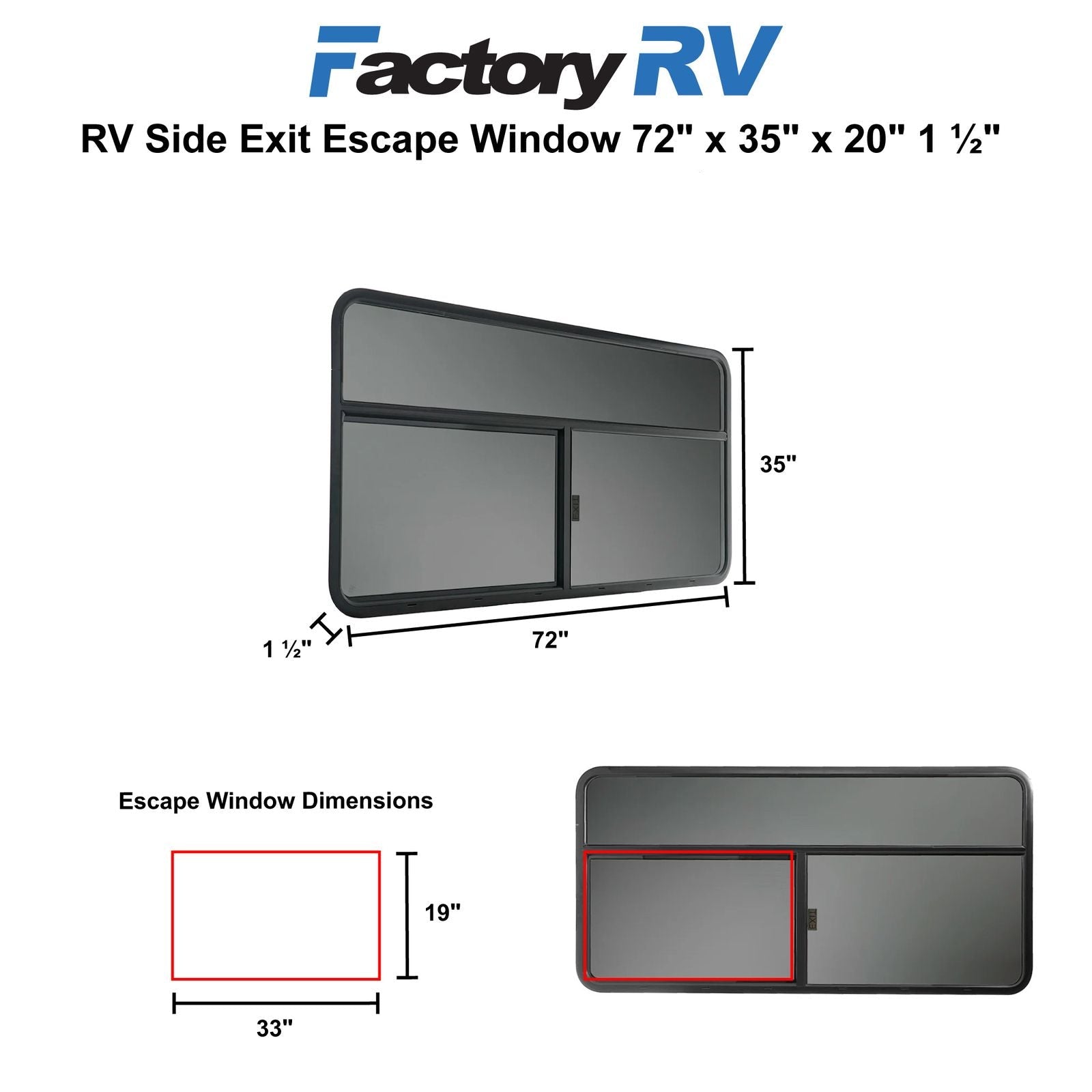 RV Window | Side Exit Escape | 72" x 35" x 1½"