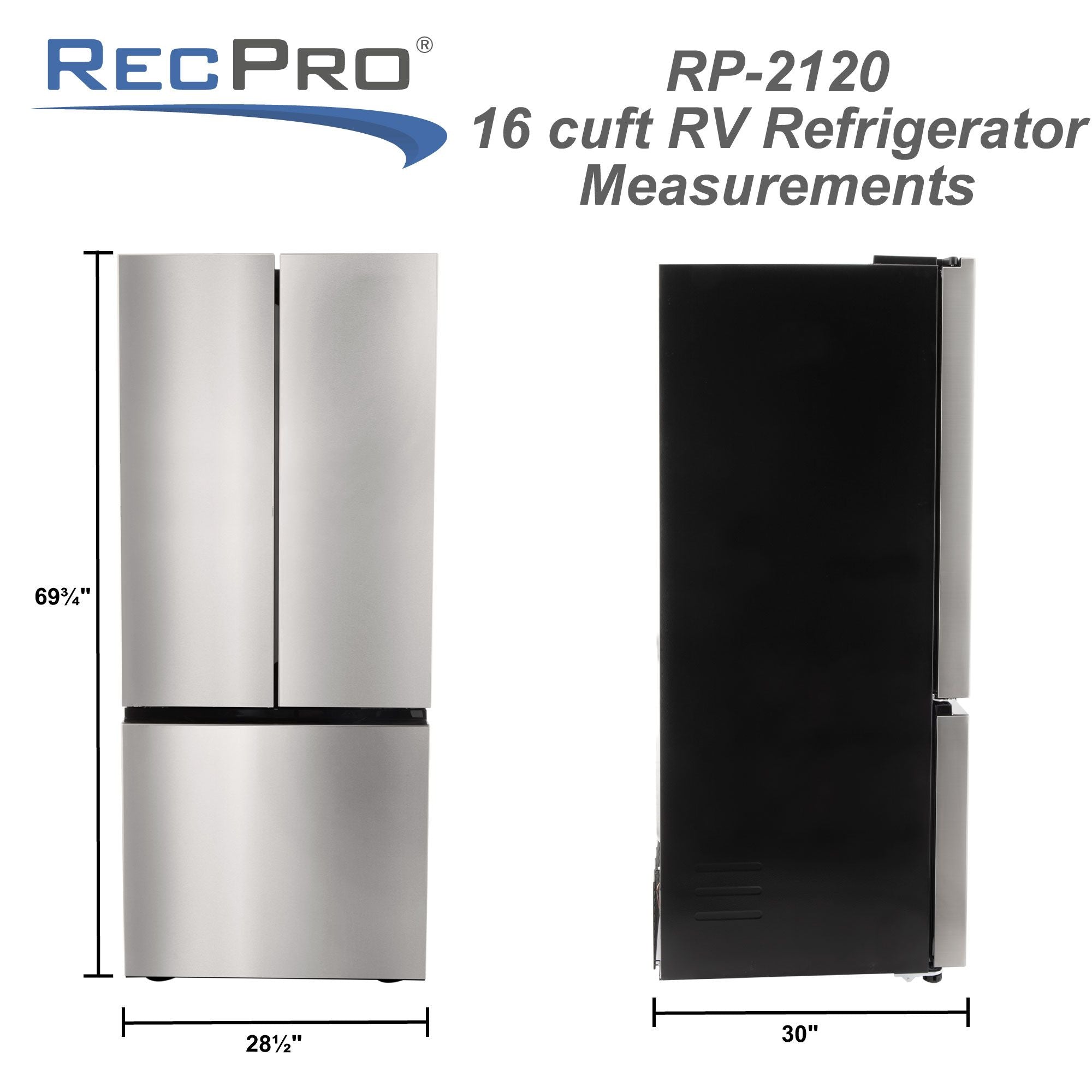 RecPro RV Refrigerator | 12V | 16 Cubic Feet | French Doors | Stainless