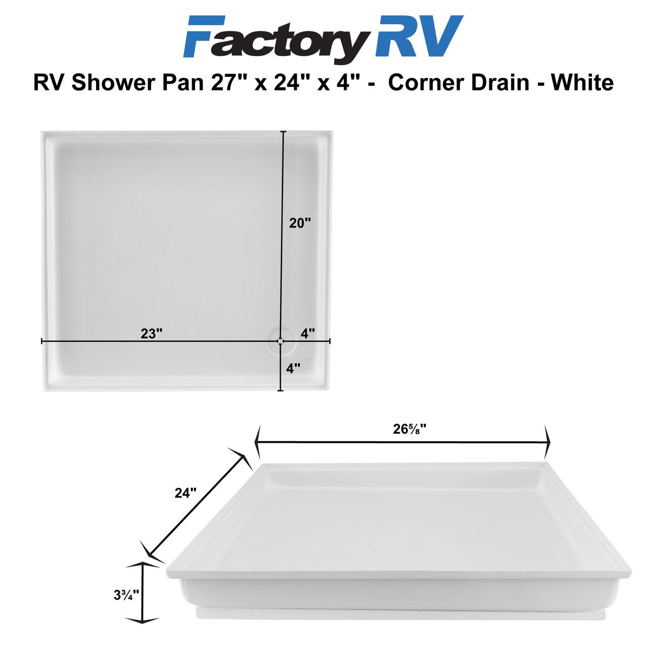 RV Shower Pan 27" x 24" x 4" Corner Drain | White