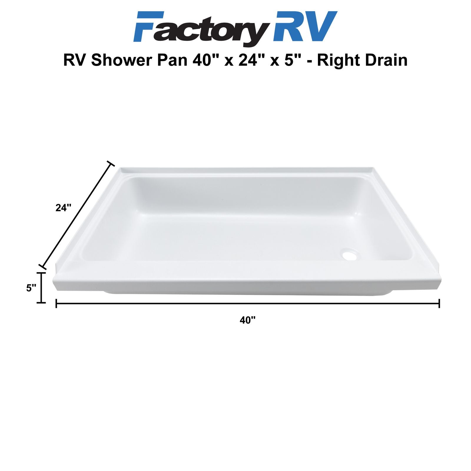 RV Shower Pan 40" x 24" x 5" Right Drain | White