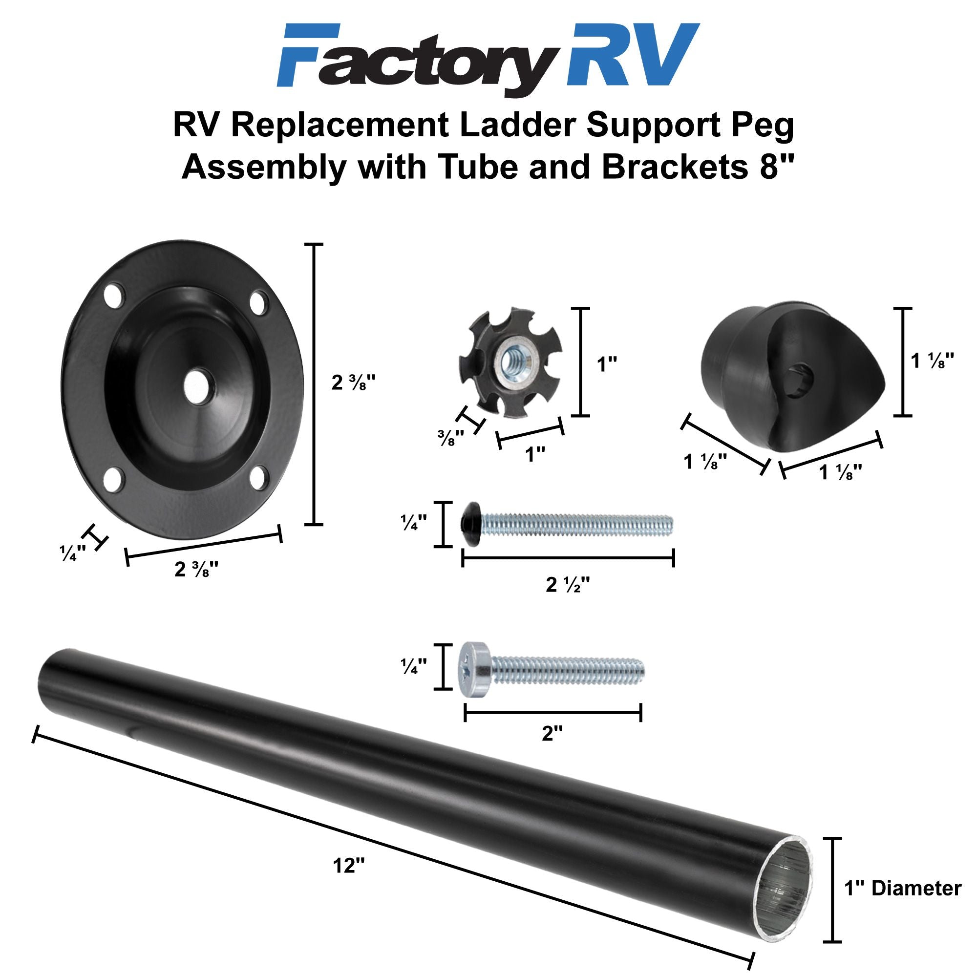 RV Ladder Replacement Support Peg Assembly with Tube and Brackets 8" | Black