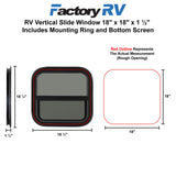 RV Vertical Sliding Window 18" X 18" X 1½" Includes Mounting Ring and Bottom Screen