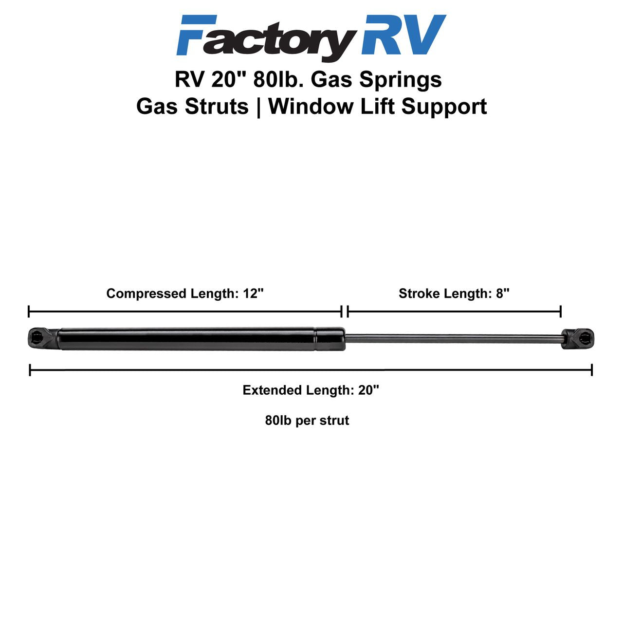 Suspa RV Gas Struts | Gas Springs | 20" 80lb. | 2 Pack