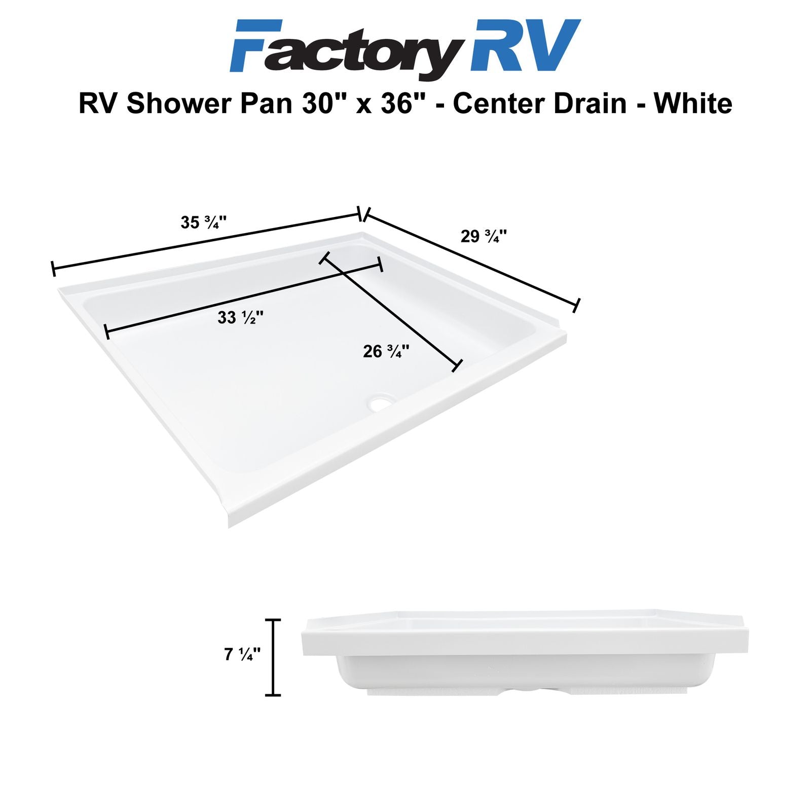 RV Shower Pan 30" x 36" Center Drain | White