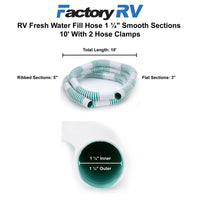 RV Fresh Water Fill Hose 1 ¼" Smooth Sections 10' | with 2 Hose Clamps