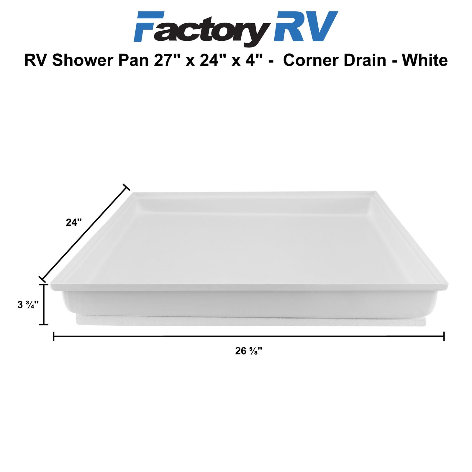 RV Shower Pan 27" x 24" x 4" Corner Drain | White