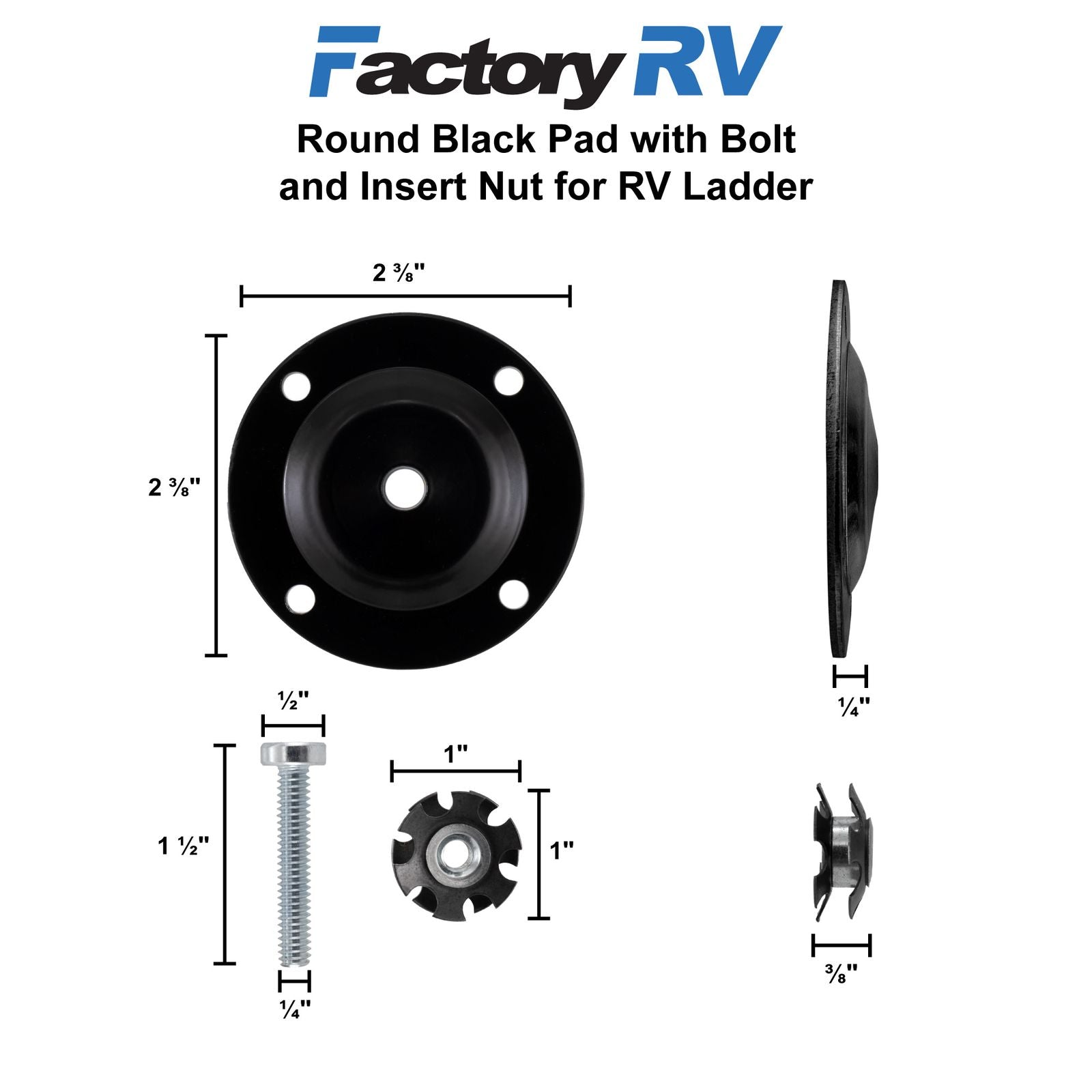 RV Ladder Round Black Pad with Bolt and Insert Nut