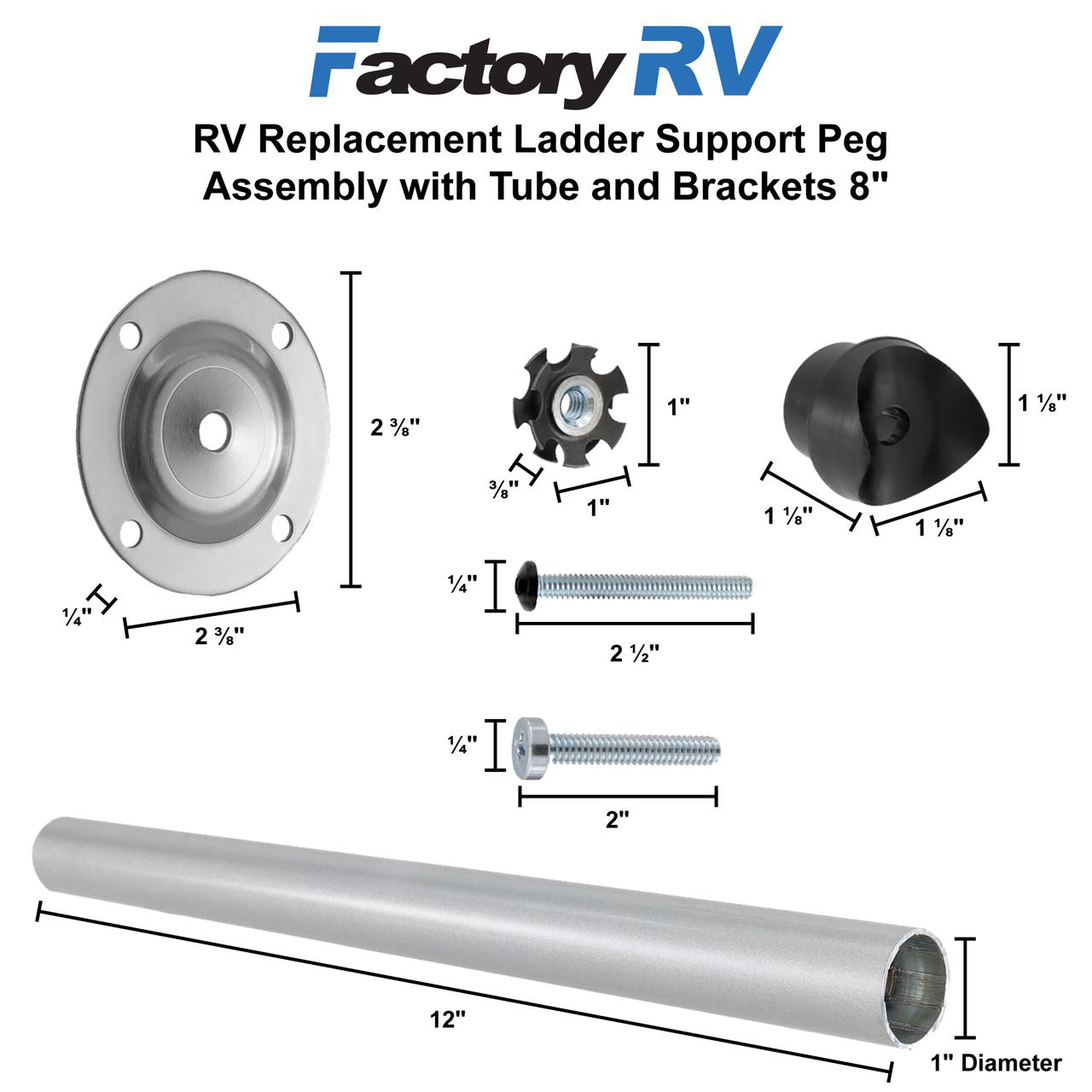 RV Ladder Replacement Support Peg Assembly with Tube and Brackets 8" | Chrome