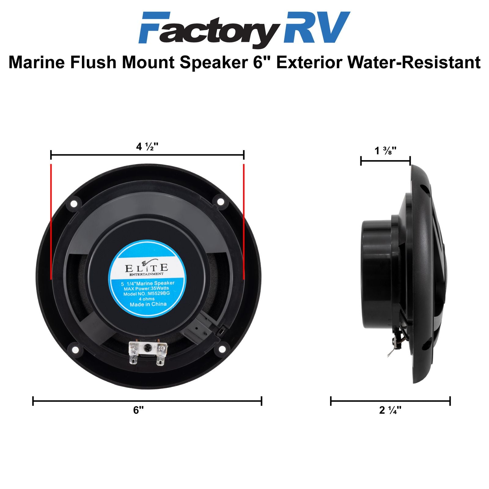 Marine Flush Mount Speaker 6" | Black Water-Resistant