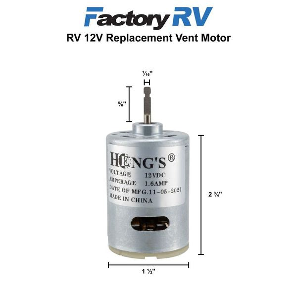 Heng's RV Vent Fan Motor 12V Replacement | Direct Replacement for Elixir & Jensen