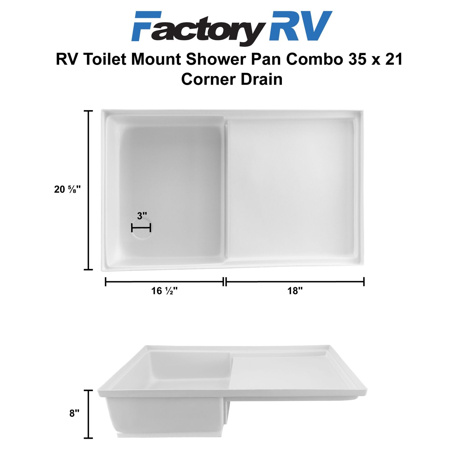 RV Toilet Mount Shower Pan Combo 35" x 21" Corner Drain | White