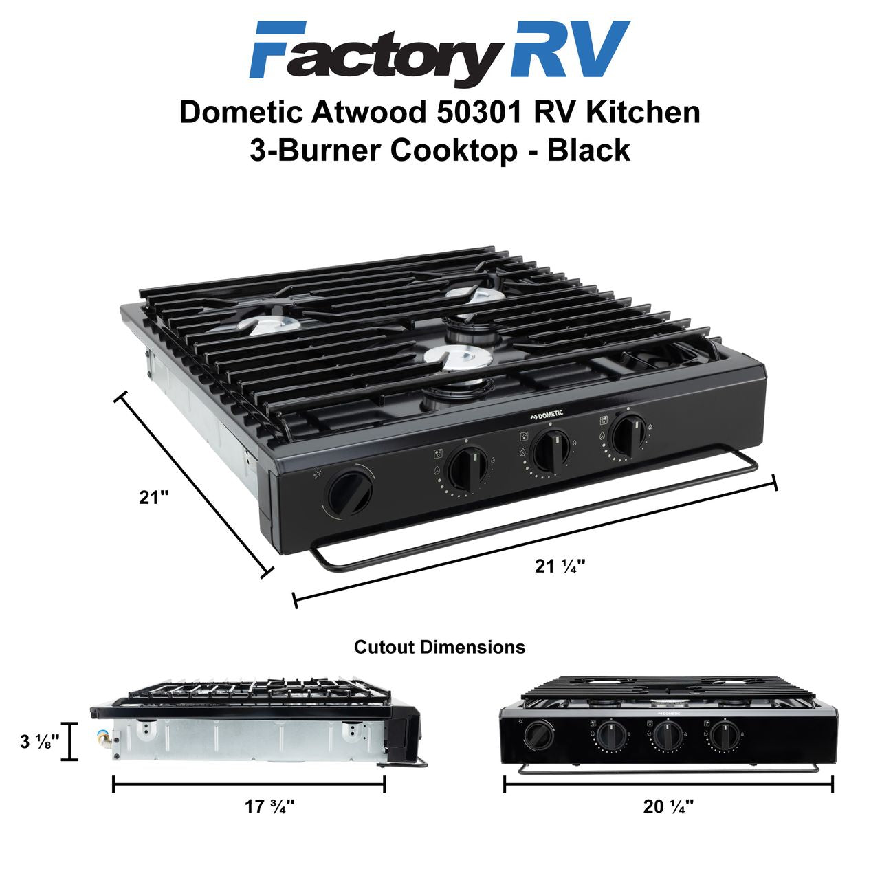 Dometic RV 3-Burner Gas Cooktop | Piezo Ignition | Black