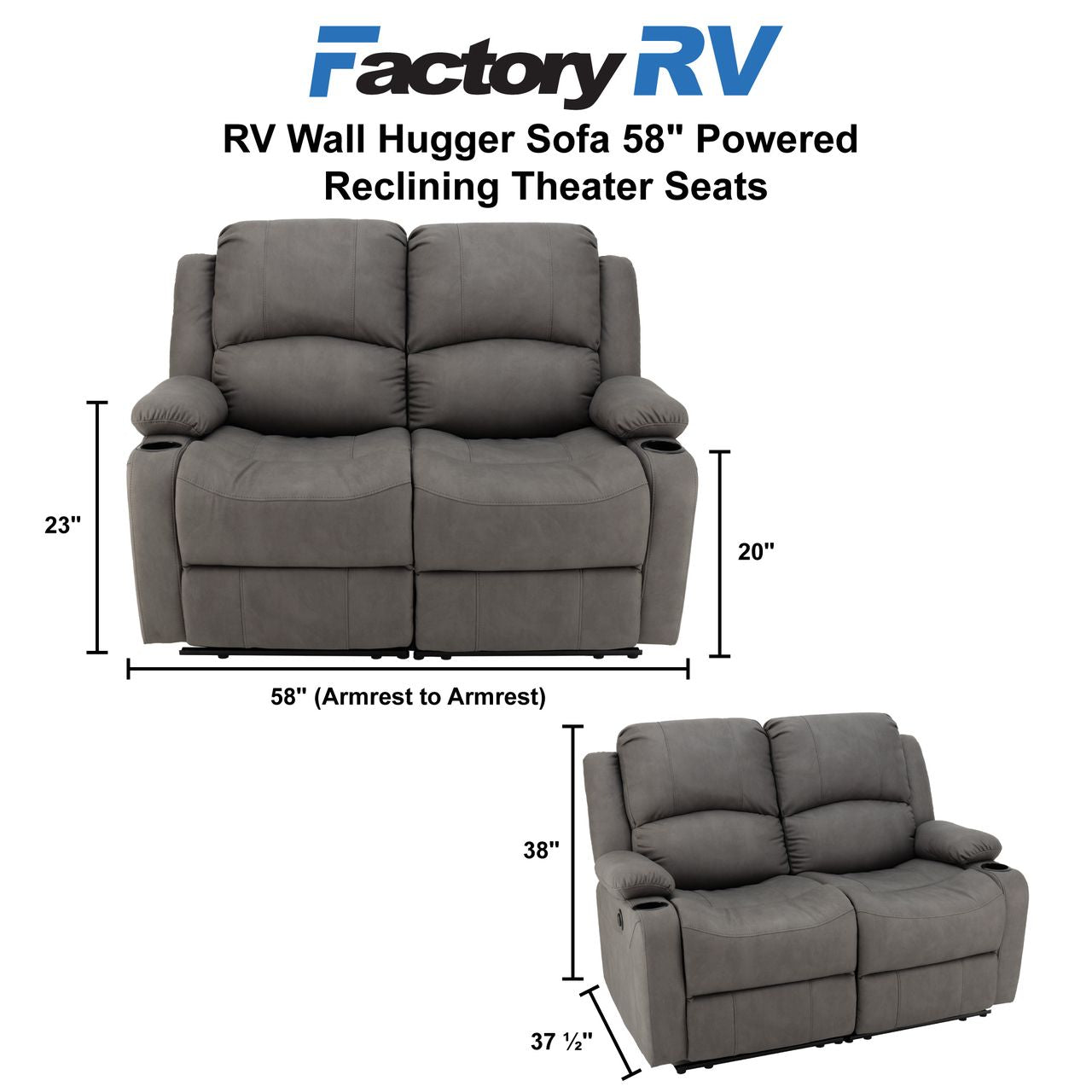 RV Wall Hugger Sofa 58" Powered Reclining Theater Seats