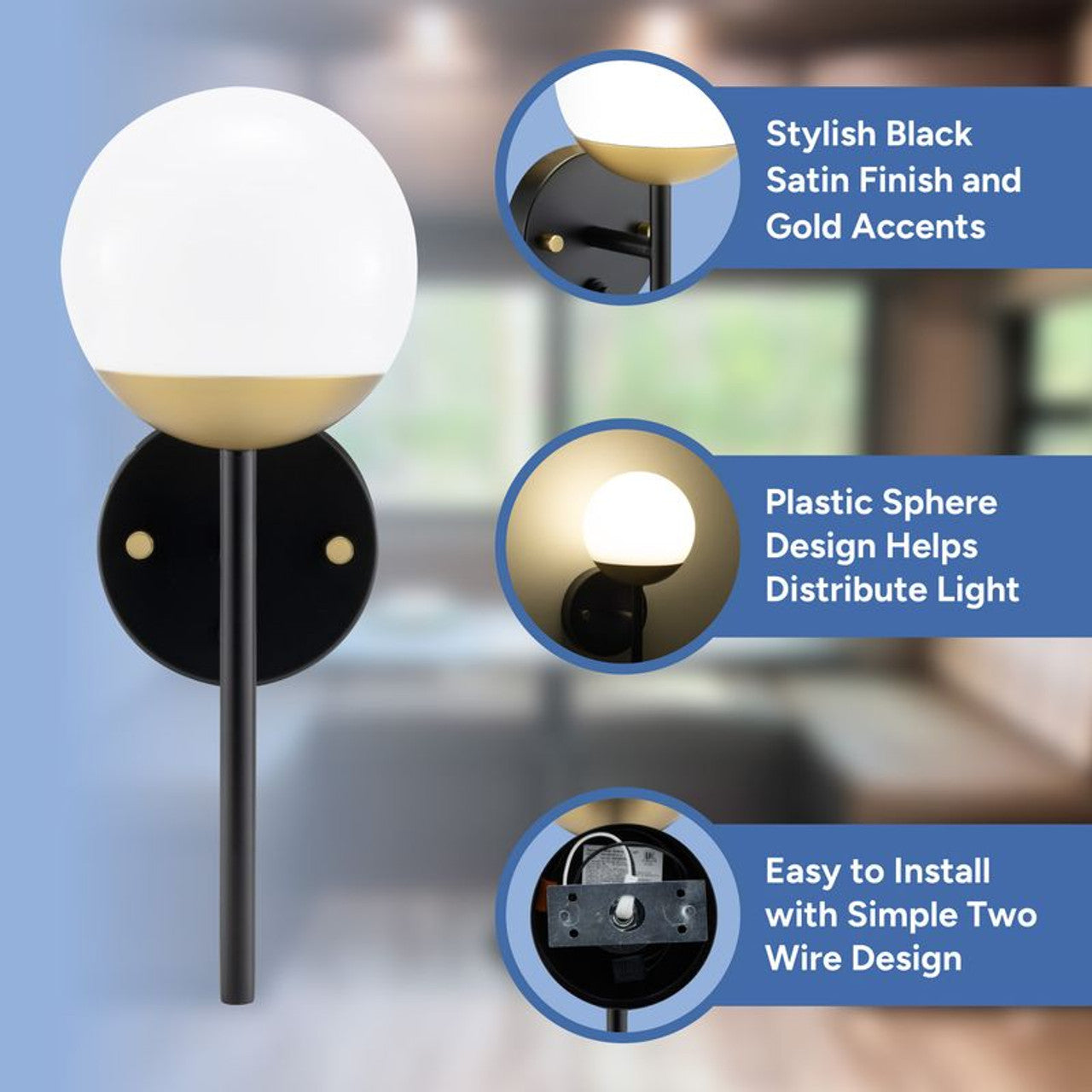 RV Sconce Wall Light | 12V LED | Interior Lighting | Matte Black and Gold Trim Finish