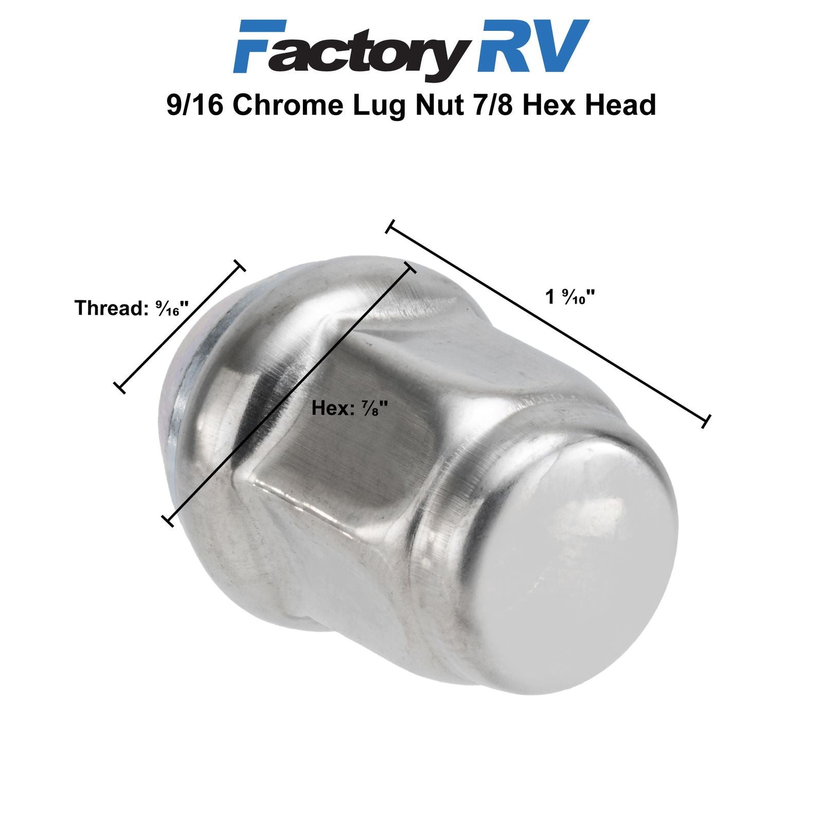 RV Lug Nuts | 9/16" Thread | Chrome Finish | 7/8" Hex | 5-Pack