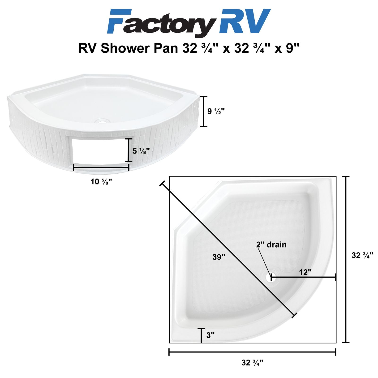 RV Shower Pan Corner Drain 32 ¾" x 32 ¾" x 9 ½" | White