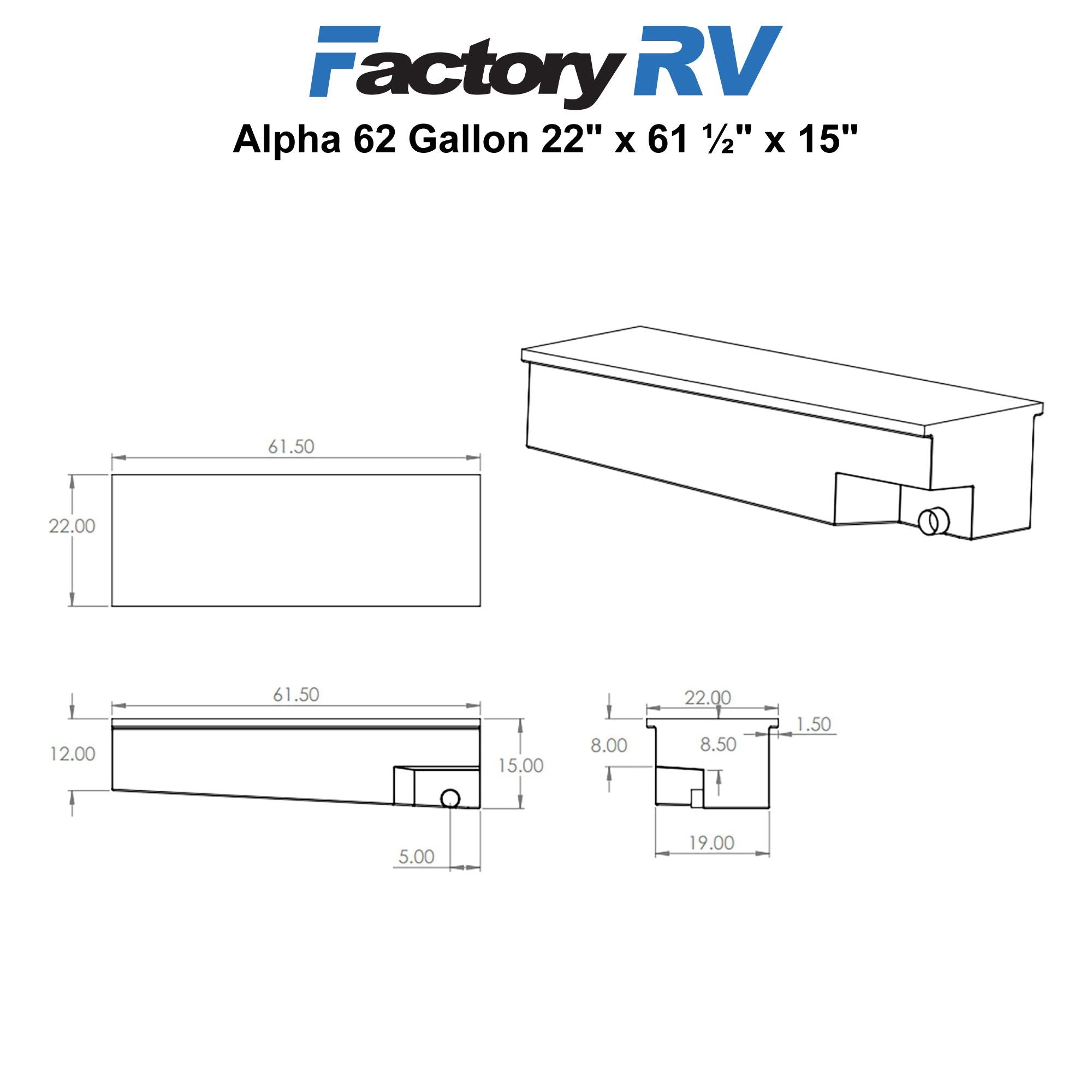 RV Black Water Tank 62 Gallon | 22" x 61 ½" x 15" | Alpha 609001