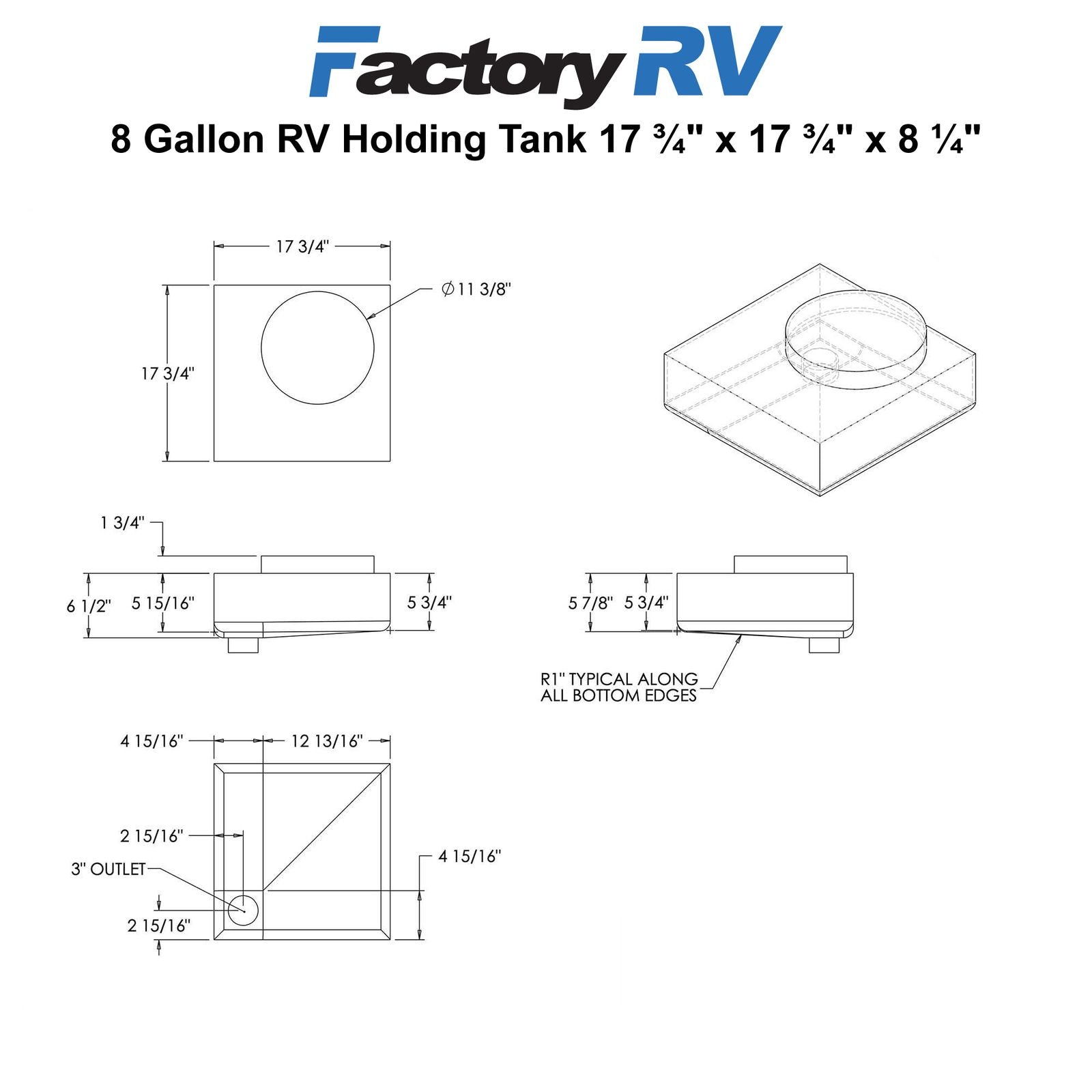 RV Black Water Tank 8 Gallon | 17 ¾" x 17 ¾" x 8 ¼" | Elkhart Plastics EPI 3772
