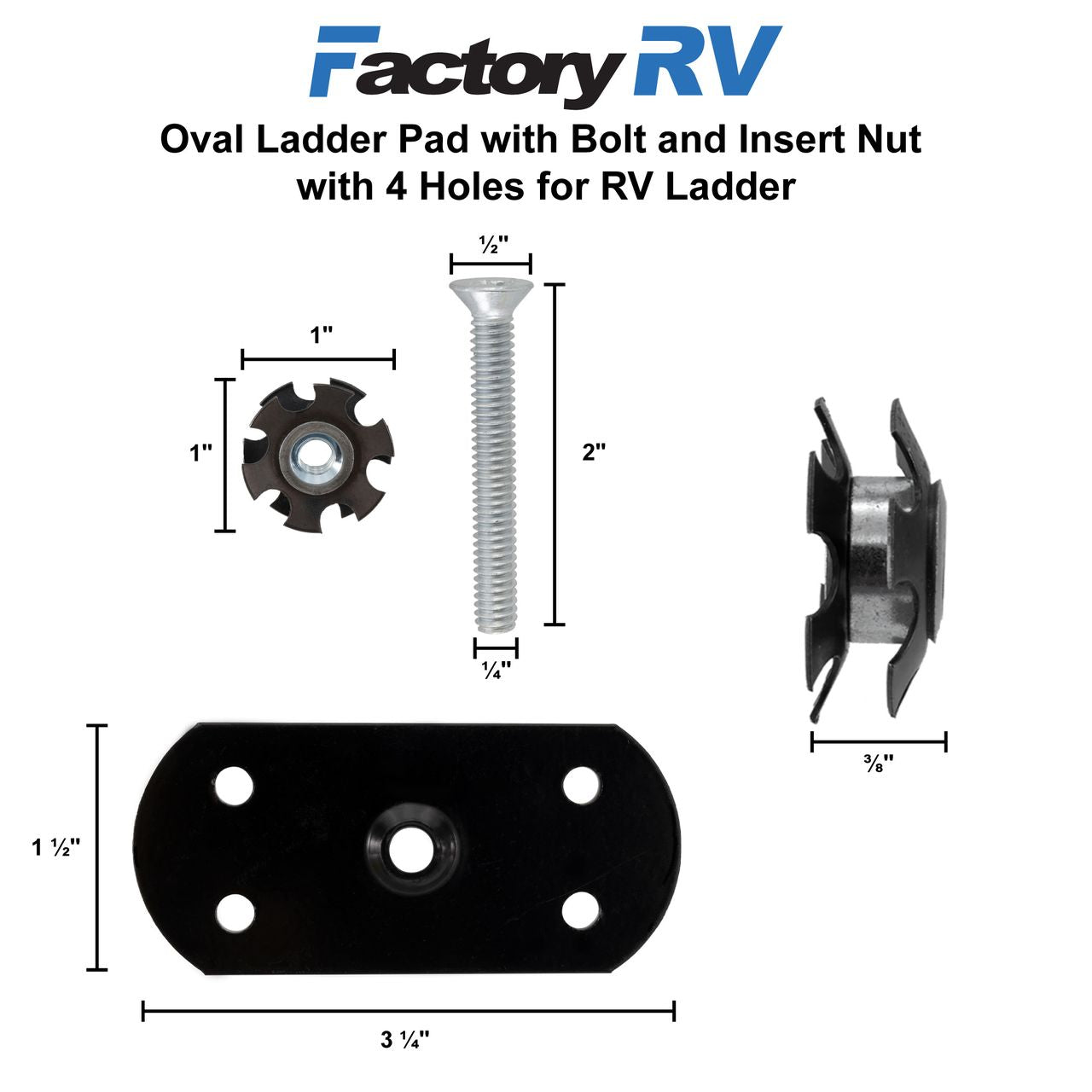 RV Ladder Oval Pad with Bolt and Insert Nut with 4 Holes | Black