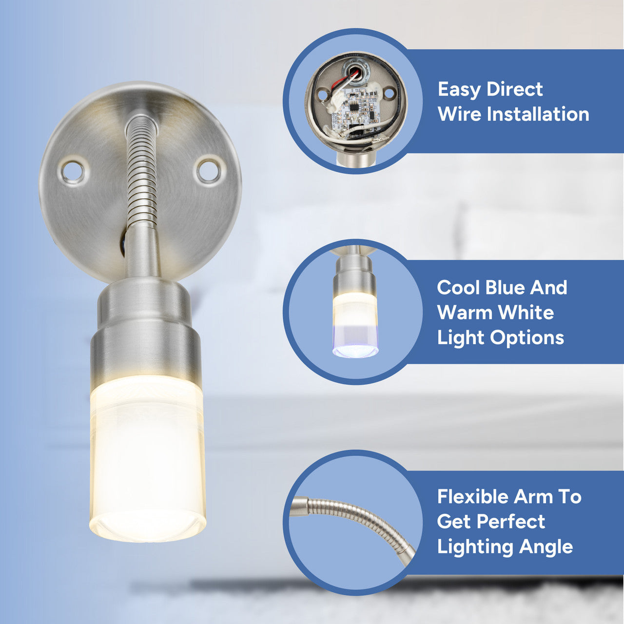 RV Reading Wall Light | 12V LED | Interior Lighting | Satin Nickel with Flexible Arm