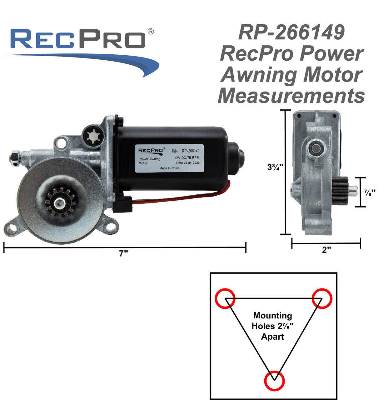 RecPro RV Awning Motor | Fits Pre-2015 Dual Connector