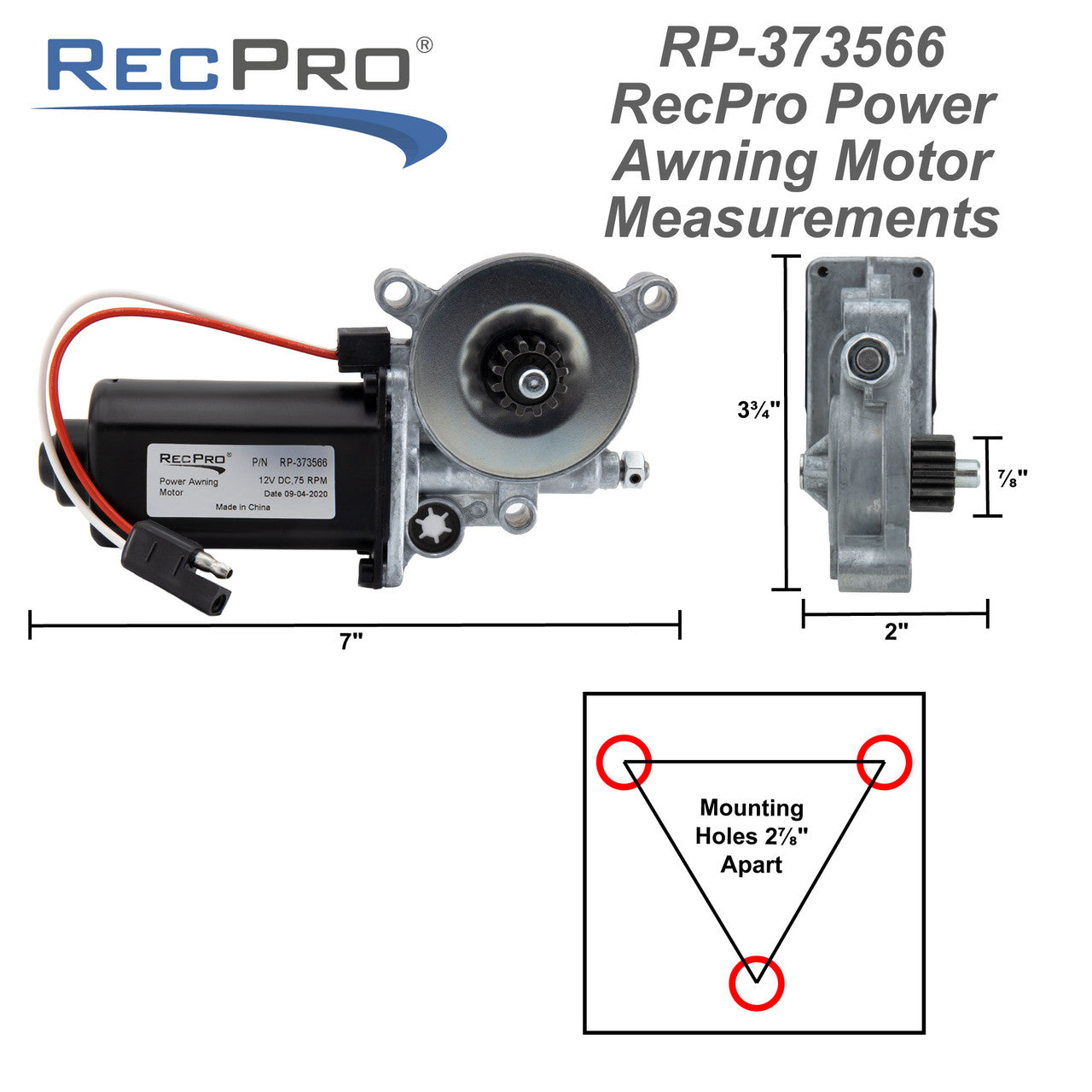 RecPro RV Awning Motor | Fits Post-2015 Models Block Plug