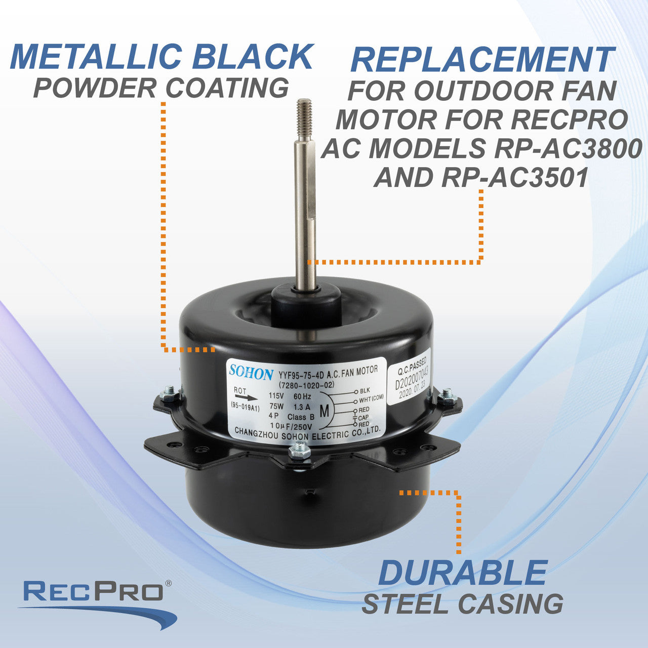 RecPro Replacement Outside Fan Motor for Air Conditioner | Fits 3800 & 3501 Series
