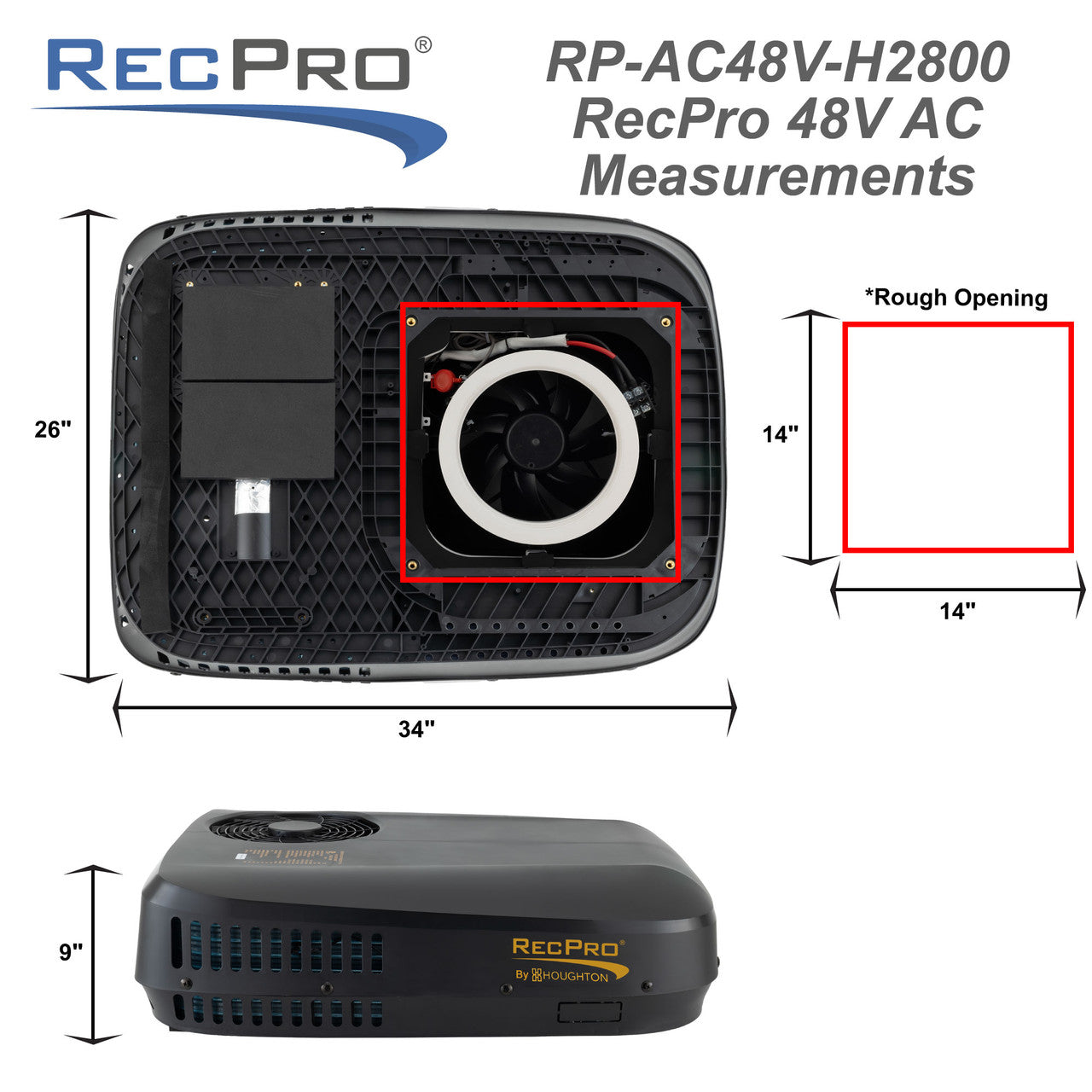 RecPro RV 48V 9.5K Air Conditioner with Heat Pump | Non-Ducted | Low Profile | Remote