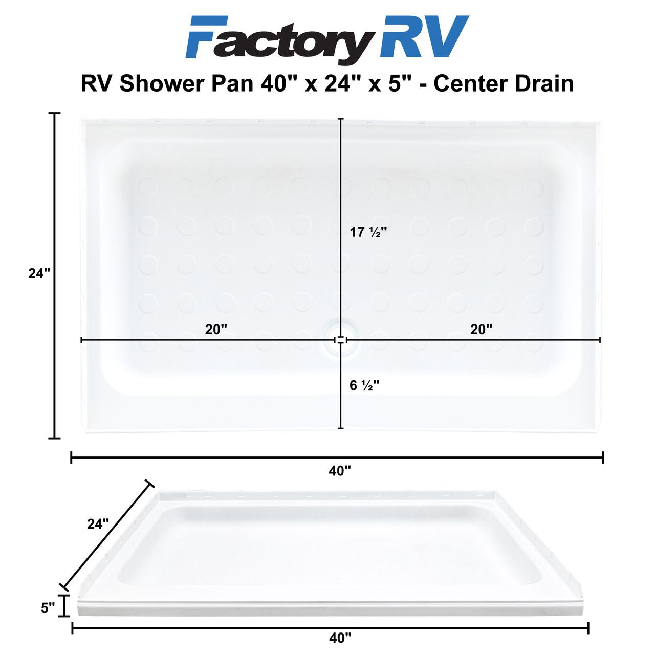 RV Shower Pan 40" x 24" x 5" Center Drain | White