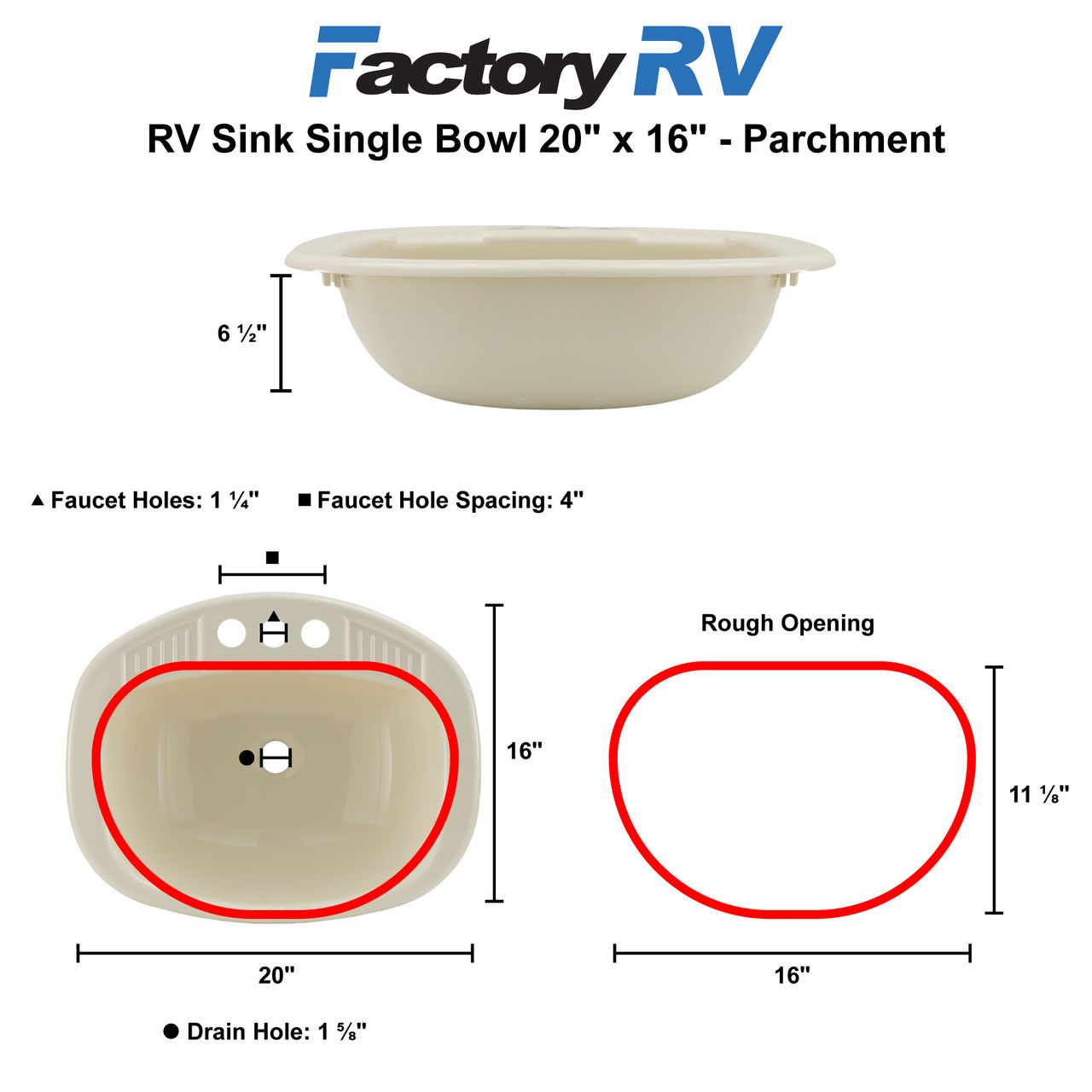 RV Sink 20" x 16" Single Bowl | Parchment