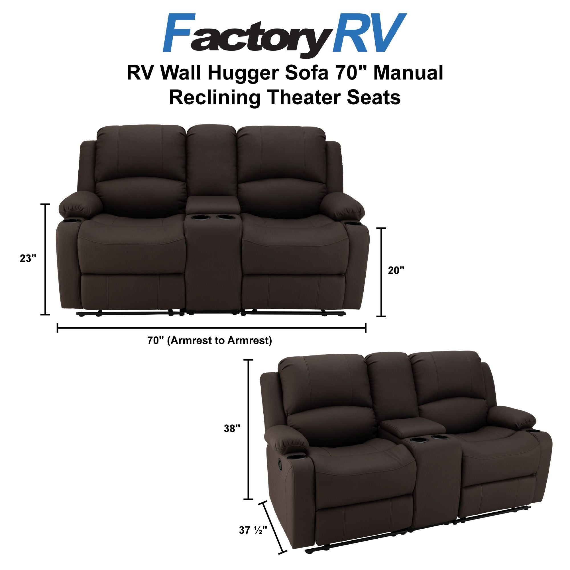 RV Wall Hugger Sofa 70" Manual Reclining Theater Seats