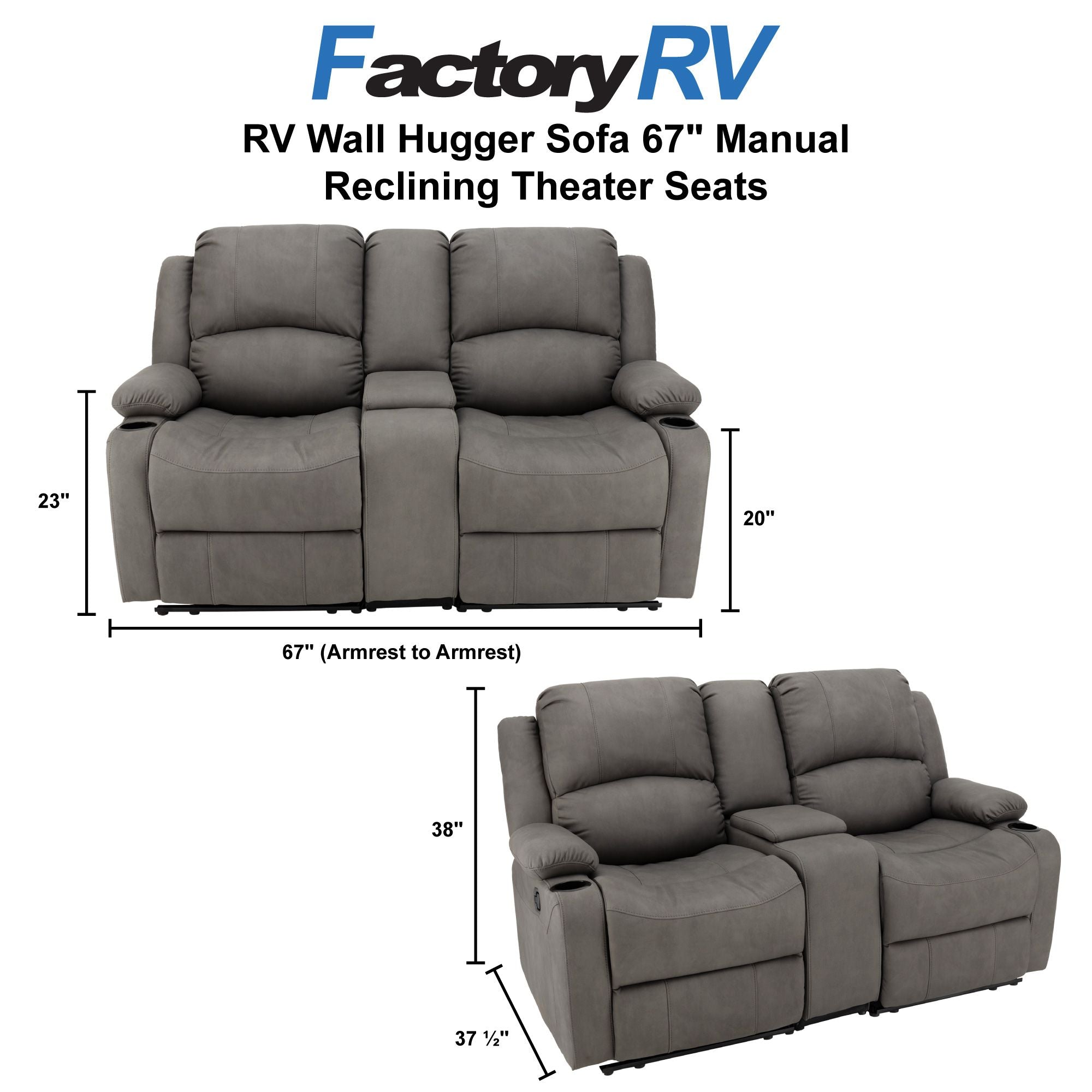 RV Wall Hugger Sofa 67" Manual Reclining Theater Seats