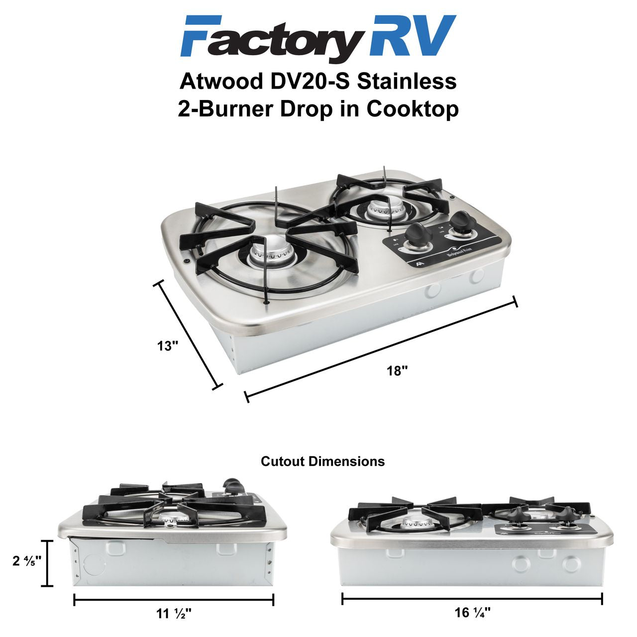 Atwood RV 2-Burner Gas Drop-In Cooktop | Stainless Steel