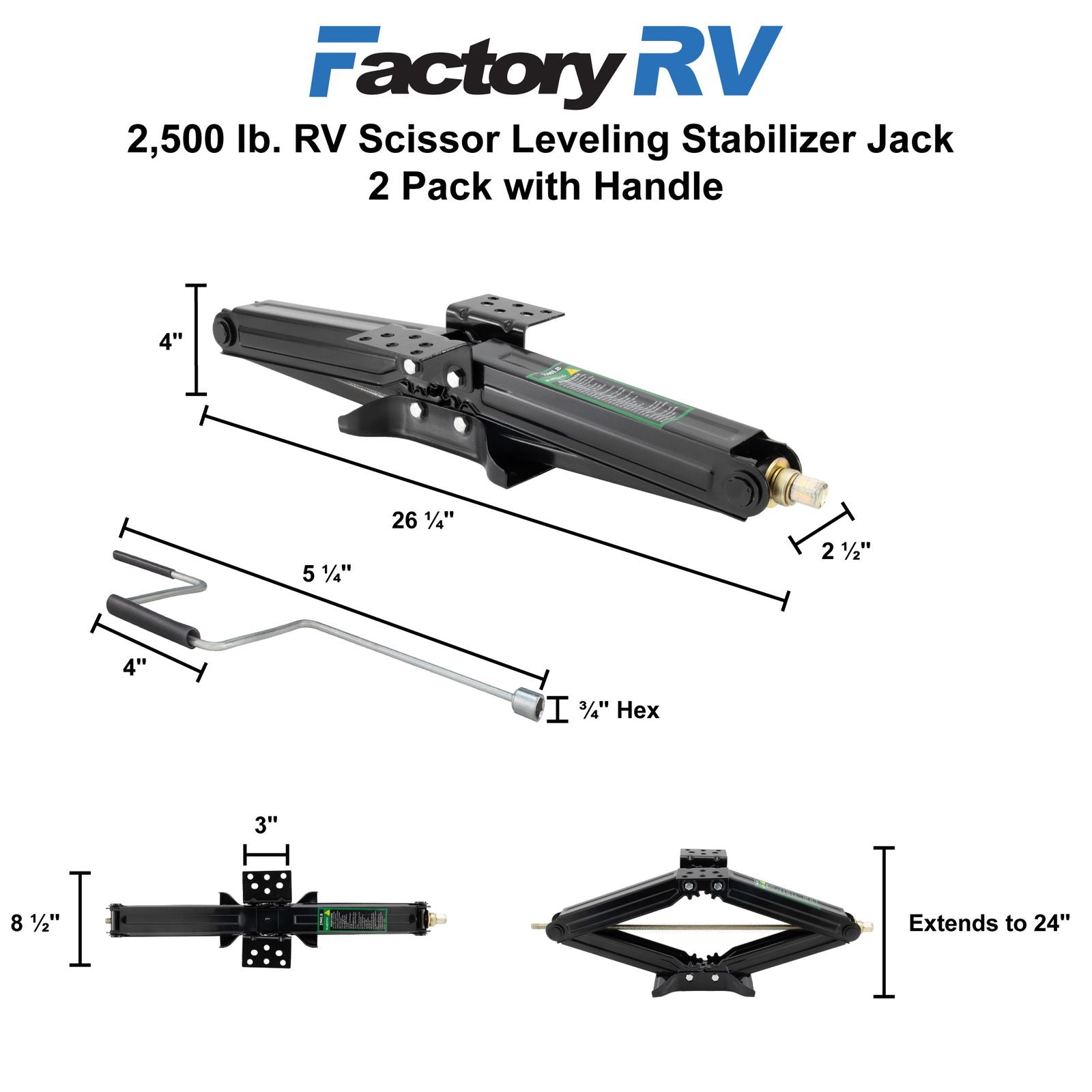 RV Stabilizer Jacks | 2500 lb. | 24" Scissor Leveling  | With Handle