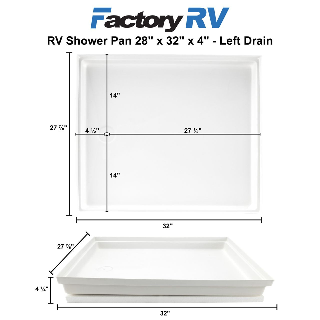 RV Shower Pan 28" x 32" x 4" Left Drain | White