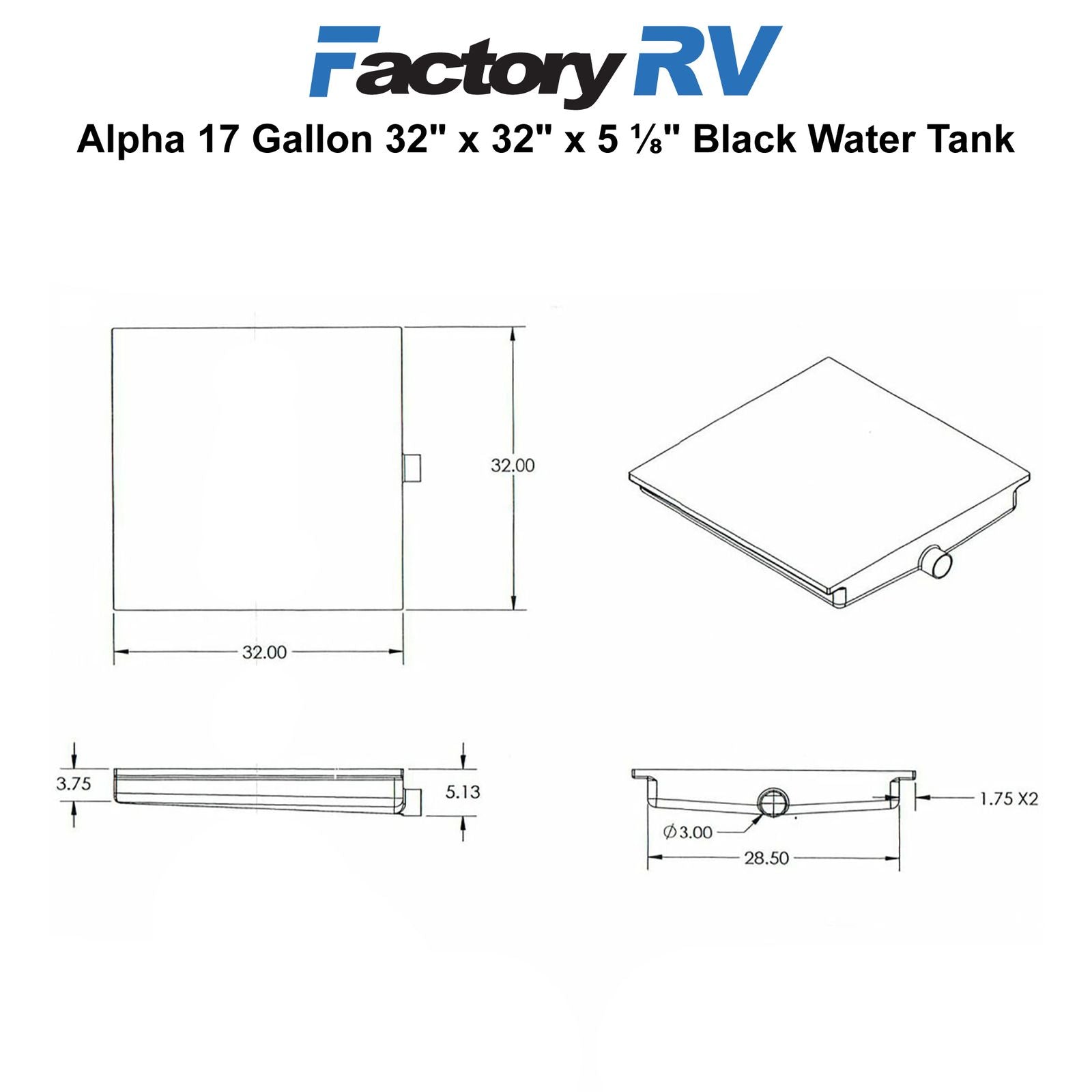 RV Black Water Tank 17 Gallon | 32" x 32" x 5" | Alpha VR32325H