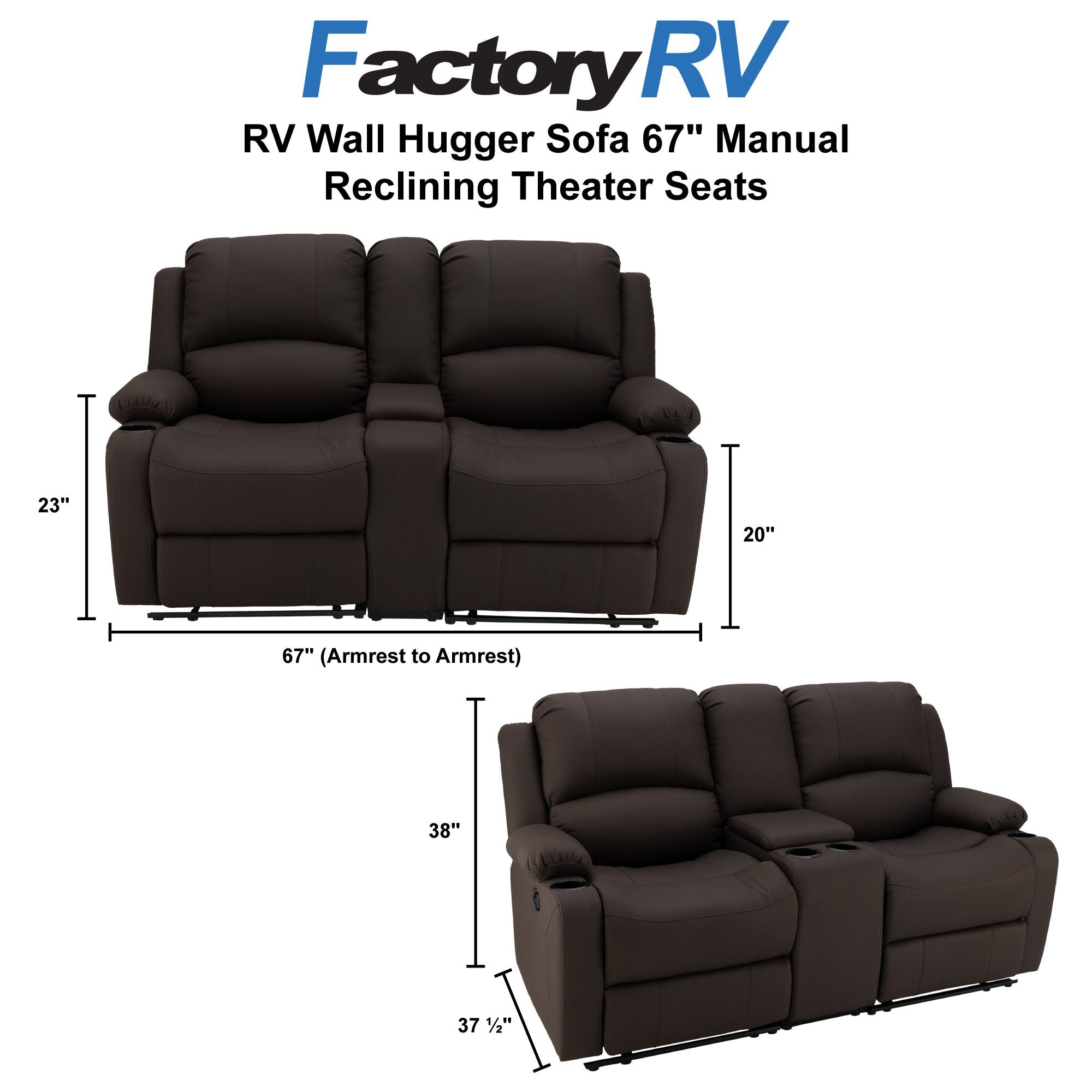 RV Wall Hugger Sofa 67" Manual Reclining Theater Seats