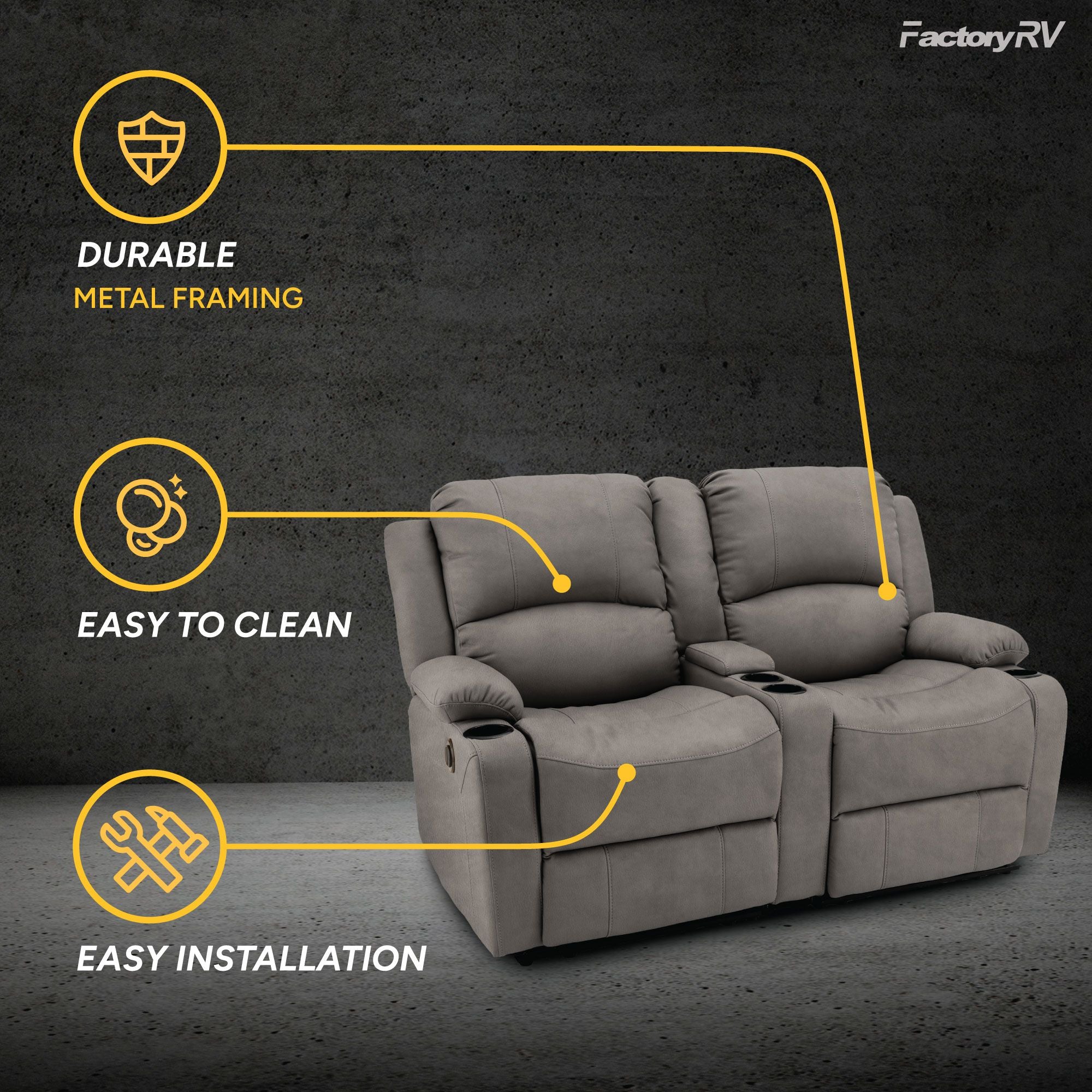 RV Wall Hugger Sofa 64" Powered Reclining Theater Seats