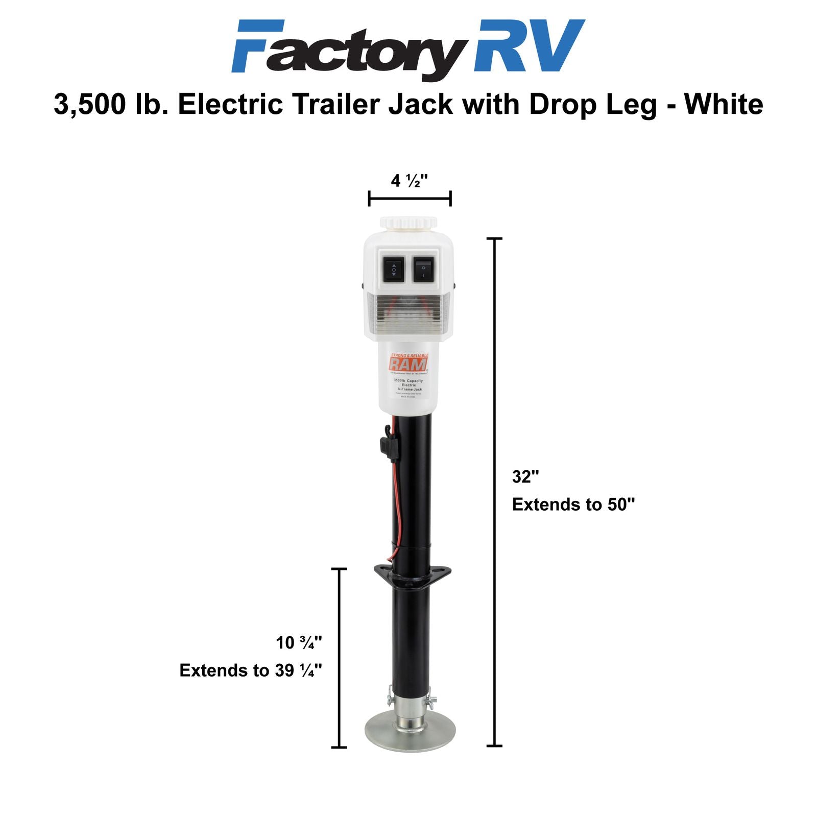 RAM Electric RV Trailer Jack with Drop Leg | 3500 lb. | White